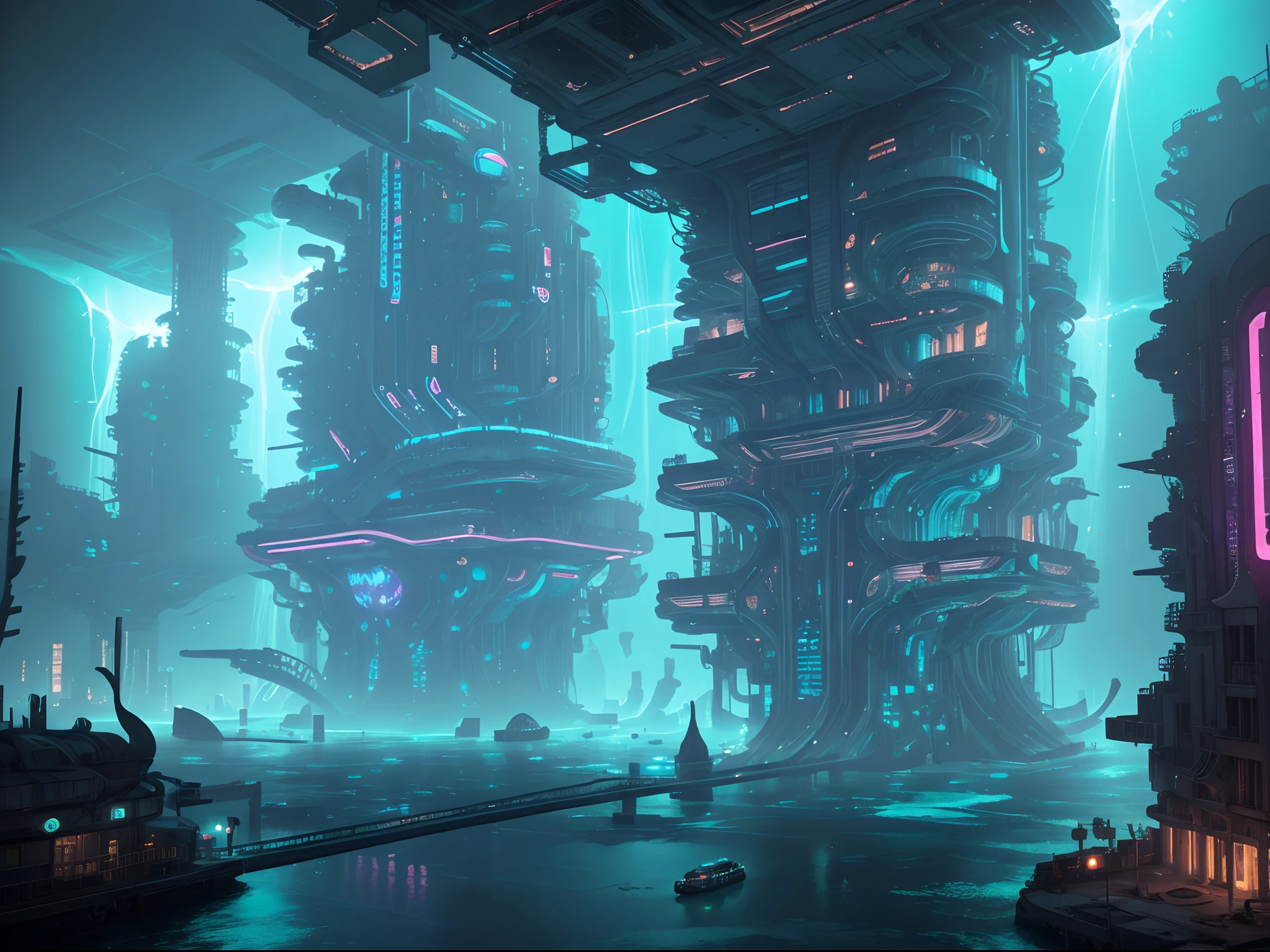 "(Underwater_City),(underwater_world),Descend into a submerged metropolis, where the city's architecture is a fusion of sleek cybernetics and decaying ruins. The water's currents carry whispers of a forgotten past, while the neon lights and holographic projections hint at a vibrant future. This is a cyberpunk city, forever trapped beneath the waves."