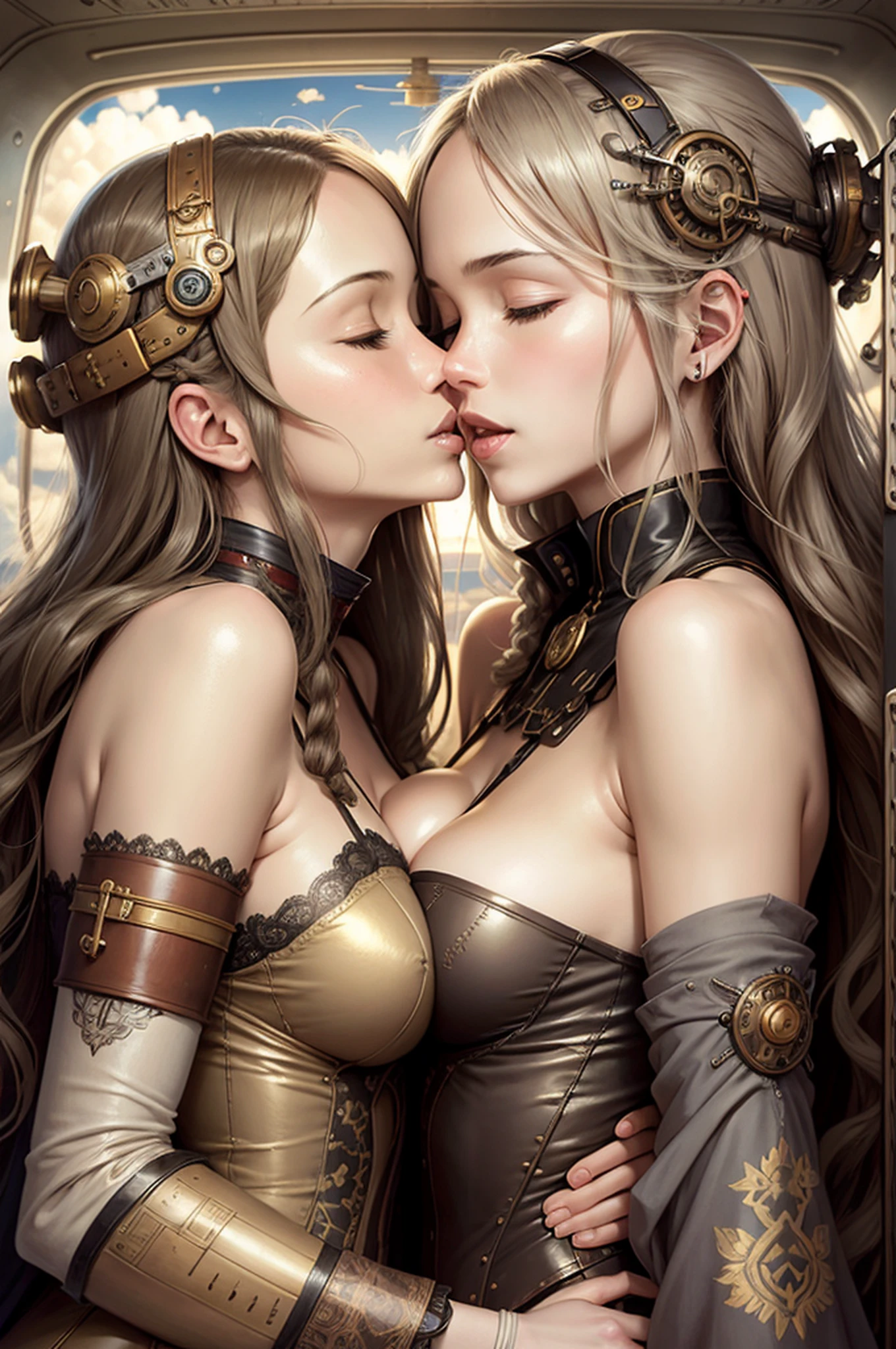 two mature women kissing, embracing, eyes closed, on old airplane, sunny, range murata, last exile, steampunk, clockpunk, decorative head decorations, extremely long flowing hair, braids, hair decorations, golden halo, art nouveau, revealing lingerie, beautiful sky, exposed chests, large breasts