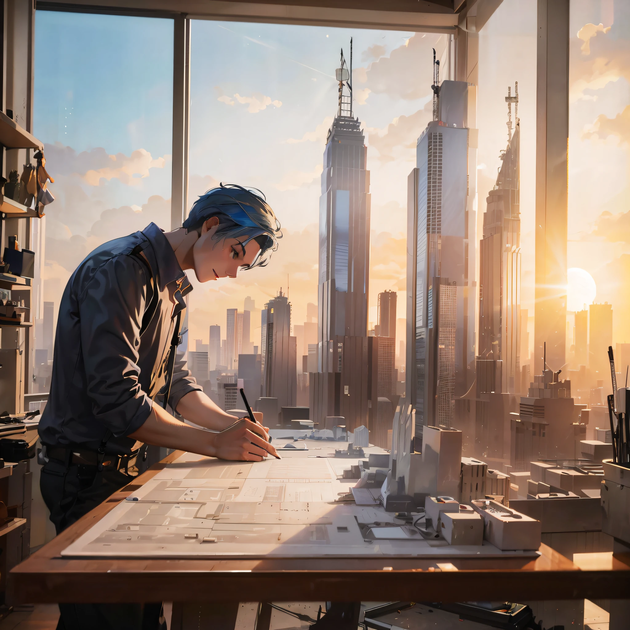 a boy architect working on a skyscraper, detailed cityscape, construction site, modern design, blueprints, drafting table, hard hat, safety harness, crane in the background, busy workers, glass facade, steel beams, concrete structure, sunlight filtering through the windows, vibrant atmosphere, realistic and high-resolution image, professional rendering, vivid colors, dramatic lighting.