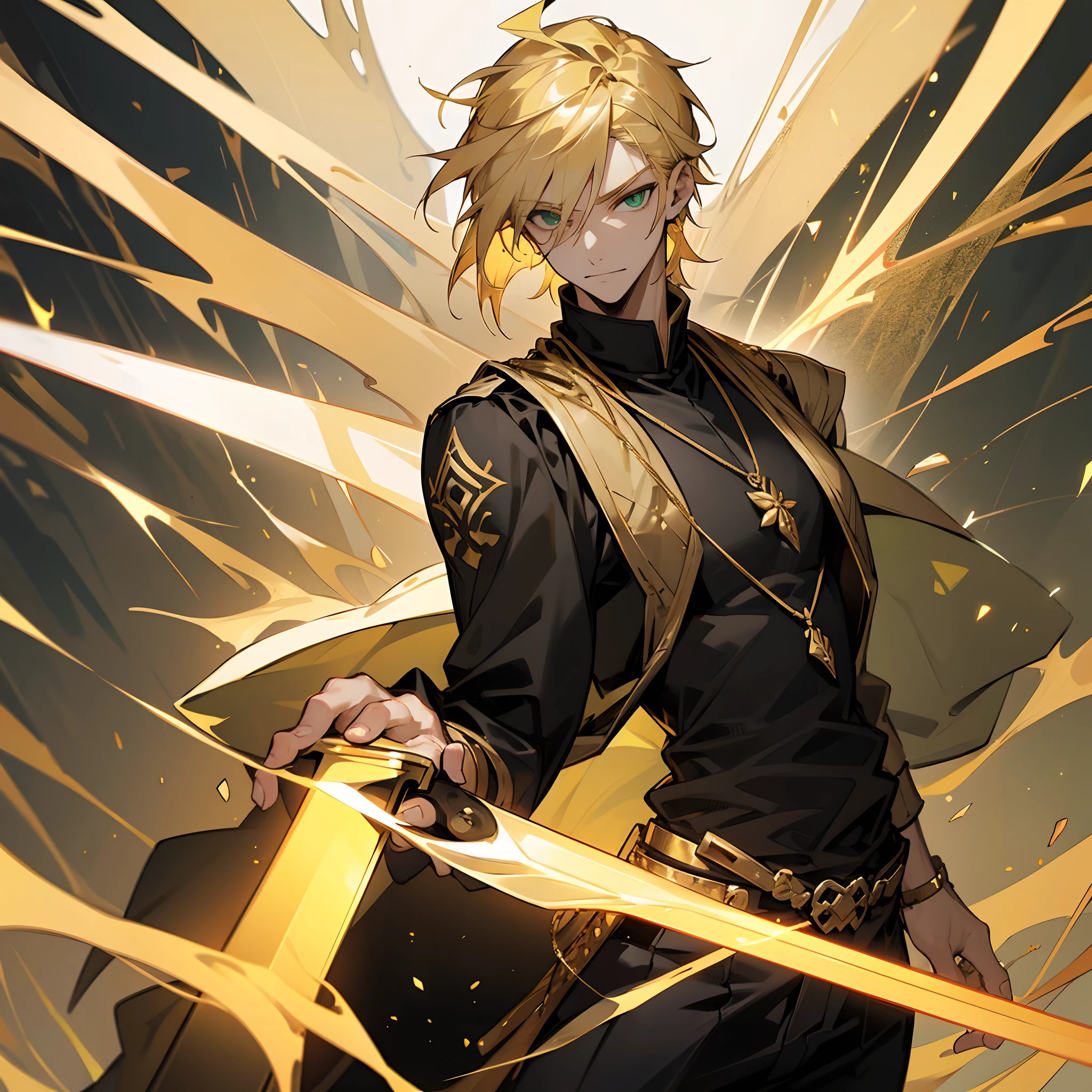 1male , Blonde hair , green eyes , loose black warrior clothing , sword hilt on hip , golden necklace , gold jewelry , ultra good quality , detailed clothing , 4k quality