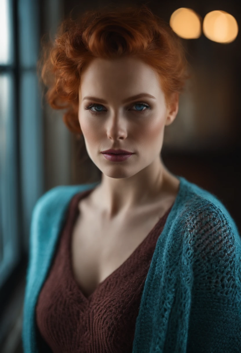 woman, Big breasts, Redhead, Blue eyes, see-through sweater, small jaw
