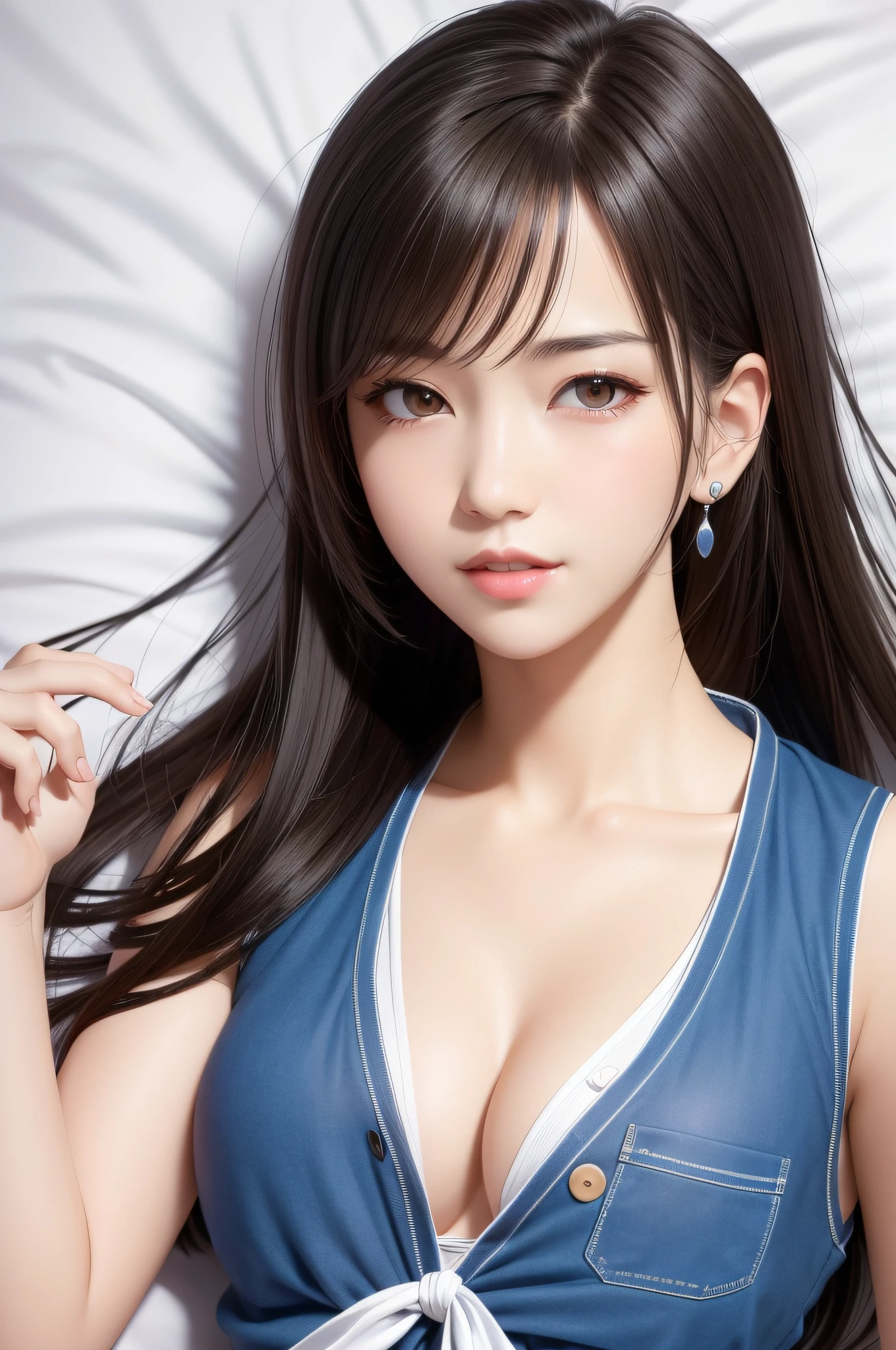 (top quality, masutepiece: 1.1), (Real: 1.4), BREAK (((FF7)))(((Tifa))),(solo,Tifa:1.2),(love hotel:1.3,love bed,gravure pose:1.7),Ultra-detailed face, Detailed eyes,(lying:1.5,on back:1.5) BREAK (((FF7)))(((Tifa))),(light brown hair, Large breasts: 1.2), (Tifa wearing japanese School Uniform:1.7,button-down shirt:1.6,Plaid pleated skirt:1.4 ), BREAK (No bra) ,(Small and beautiful hard nipple) ,(oiled skin: 1.4), About 18 years old, Sensual,come on ,pleases hug