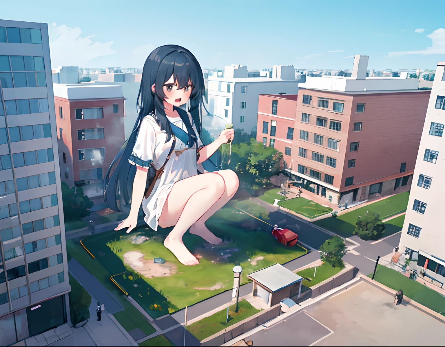 1girll,A giantess,Giantess, City of Miniature,Small lake,best qualtiy:1.3),Cowboy shot,Skysky,Normal,high perspective,Girl,Those who don't wear shoes,No shoes,No shoes,Squat,Squat,Be red in the face,Comfortable expression,diaper,pissing,urine,Nourishes urine,urine squirting,Urine emits steam,Destroyed buildings, full bodyesbian, view the viewer, Medium breasts, Open mouth, Solo,