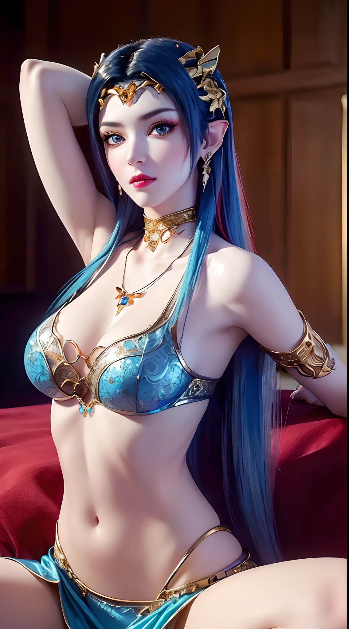1 beautiful girl in traditional dress, ((wearing tight blue shiny bikini:1.2)), magical glowing bikini, beautiful cleavage, long hair with bangs, light blue mixed with white, ((most beautiful and detailed hair jewelry:1.8)), Super cute little face Extremely beautiful, thin eyebrows, the most beautiful and flawless face, ((black eye pupil:0.8)), very beautiful eyes, ((silver brown eyes:1)), eyeshadow makeup is steamy and extremely seductive, hairy beautiful and detailed makeup eyelashes, slim, well-proportioned limbs, high nose, earrings,thin lips, light red lips, ban on laughing, beautiful lips, slender arms, The most beautiful thighs, healthy limbs, rosy face, clean face, beautiful face without blemishes, smooth white skin, ((both breasts are very round and big: 1.6)), ((put the girl's arms behind her back:1.5)), 8k photo, super high quality, super realistic, 10x super pixels, actual photo, dark studio, border light, two-tone lighting color, (high detail skin: 1.2), 8k ultra, soft light, high quality, volumetric light, candid, Photo, high resolution, light, best photo, 4k quality, 8k, bokeh, Smooth and sharp, 10x pixelated, (in a bed rooon: 1.7), aurora, lightning, super graphics, most realistic graphics, alone, solo, ((frontal portrait:1.6)), Extremely sharp, surreal image.",((sitting on bed))