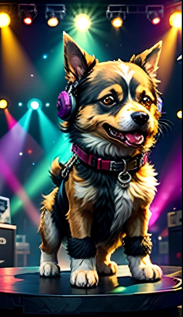 Dog dance rock on dance floor background, Underground Dance Club,tmasterpiece, hightquality, best qualtiy,Rock Ballroom,Stylish Dog DJ,A dog wears punk headphones,A dog is wearing a rock costume,K HD,8K