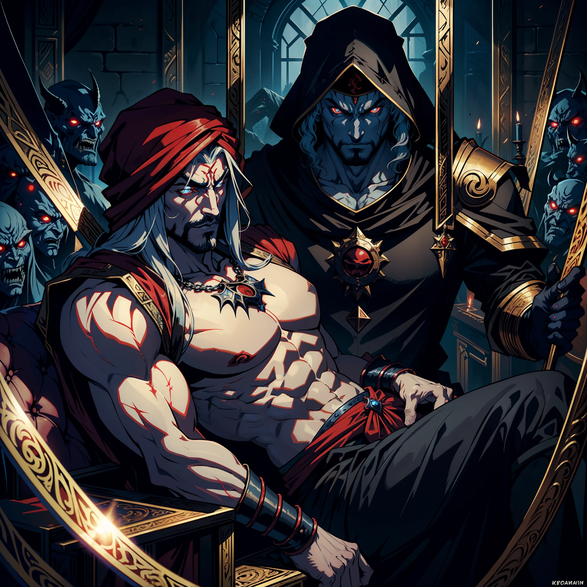Castlevania Hyper Realistic Shadow Lord Super Detailed Dynamic Shot Master Piece of Lord Dracula Medieval Arab Warrior with Red Turban Scary Face Hokuto No Ken Structure Muscular Face Kenshiro sitting in his legendary Moroccan throne surrounded by demons and 3 scary demons Speaking of old reels Cinematic Scenes Epic Movie Hyper Realistic Movie Legendary Movie Epic Movie Epic Movie Epic Movie Epic Movie Enlarged Movie 3D View Bottom Angle