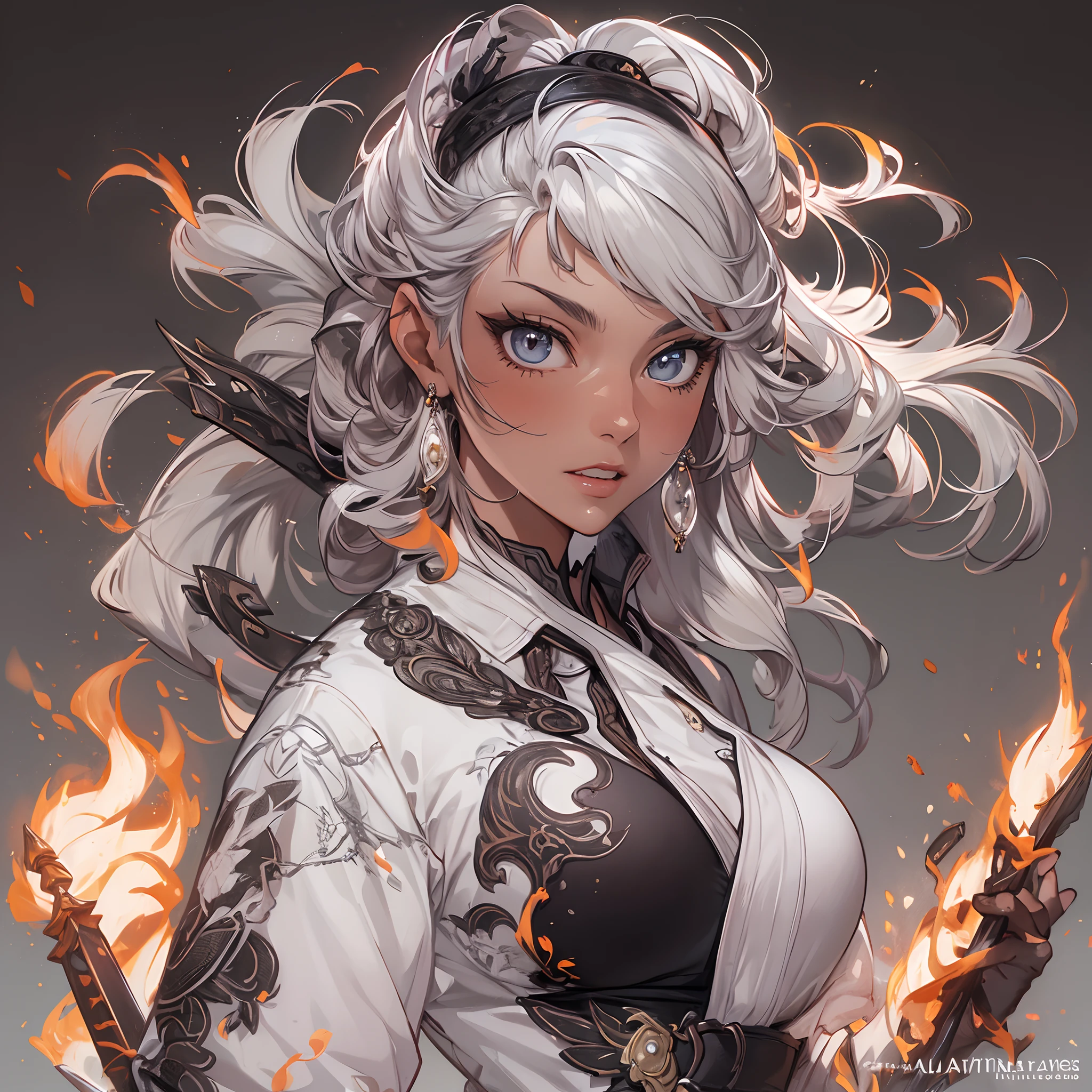 ((Masterpiece, Highest quality)), Detailed face, CharacterDesignSheet, full bodyesbian, Full of details, Multiple poses and expressions, Highly detailed, Depth, Many parts,Martial arts girl,white and black,holds a spear,double-ponytail,estilo fantasia,Surrounded by flames,Extremely beautiful,High Balance, Natural light, Lace,lacepantyhose