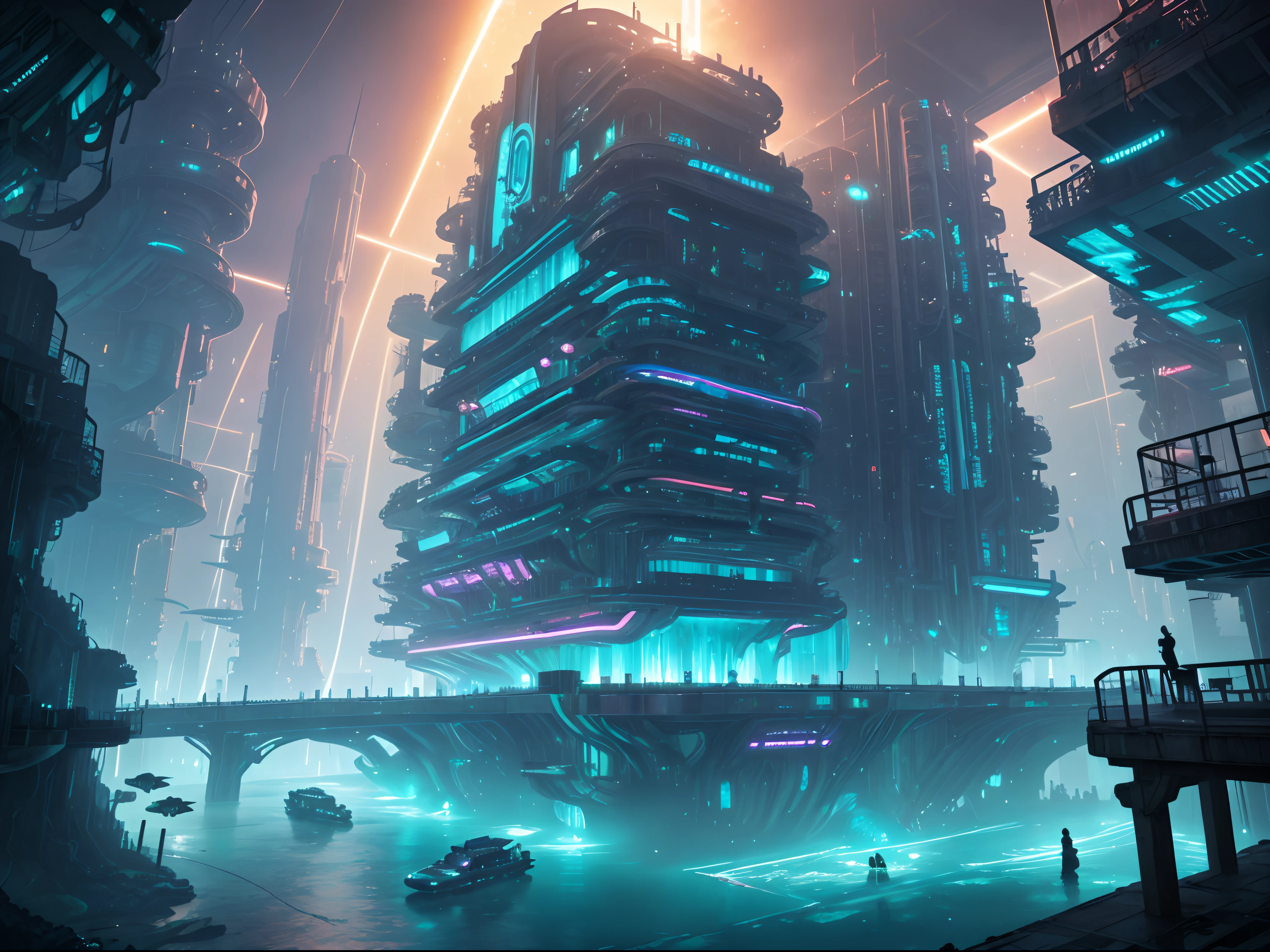 "(Underwater_City),(underwater_world),Descend into a submerged metropolis, where the city's architecture is a fusion of sleek cybernetics and decaying ruins. The water's currents carry whispers of a forgotten past, while the neon lights and holographic projections hint at a vibrant future. This is a cyberpunk city, forever trapped beneath the waves."