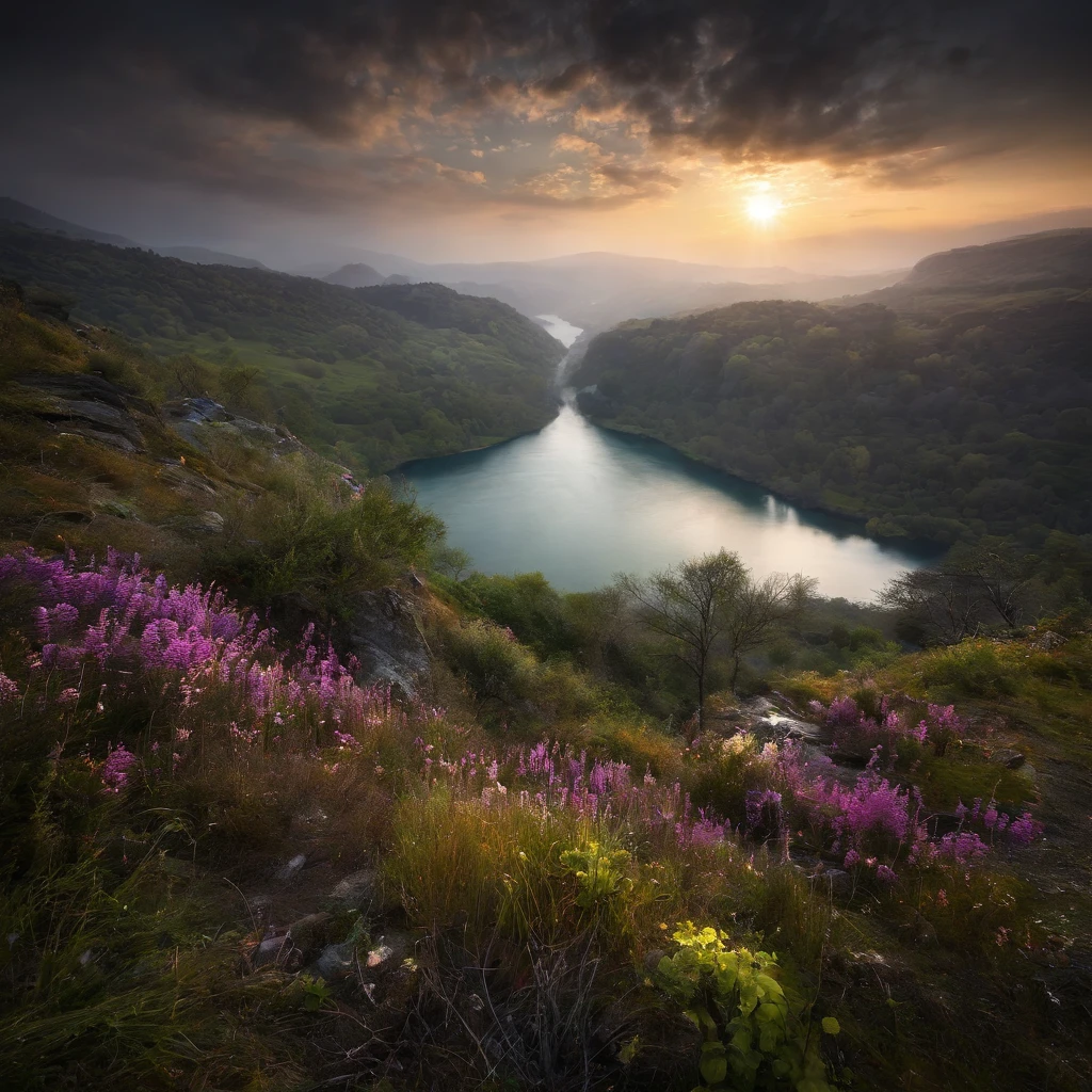 Magnificent view，Forest edge landscape photography Professional high-quality nature digital photography，(water flowing),Spring flowers bushes in the moonlight on a rainy night，precipice，Eau，Boulders，foggy sky，Traces of rain，Nightmare vision， Dark fantasy plot，Perfect and excellent composition，8K分辨率，the detail，Ultra-wide-angle distance shooting，background inside dark，Jack Guzman's environmental art photography，realisticlying，cinematic compositions，Volumetriclighting，A high resolution，vividness, A detailed, Stunning sky,Colorful clouds float，true to life, Pubic area is clear, flawless perfection, Digital SLR, 1024, 2048, 4096, A detailed, Sharp, best qualtiy, high qulity, absurderes，unmanned background，The is very detailed、Detailed lighting shadows，Trends on ArtStation、iintricate、high detal、dramatics、Midjourney Art（Volumetriclighting：1.2）hdr shot。（Faraway view，Super deep view，ultra-wide-angle，Microfocal length lens：1.2）（realisticlying：1.4）tmasterpiece、high high quality、Beautiful photography、globalillumination、