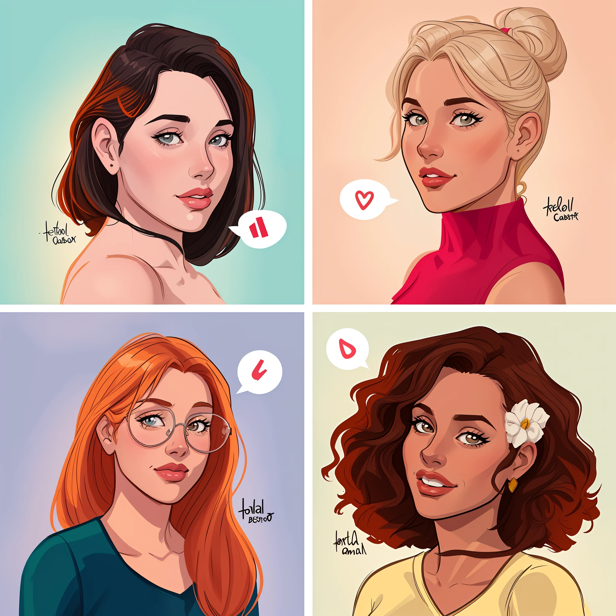 Quatro retratos coloridos diferentes de mulheres com diferentes estilos de cabelo, estilo de arte dos desenhos animados, arte dos desenhos animados, retrato de alta qualidade, in illustration style digital, No estilo de arte de Bowater, Cartoon style illustration, design de personagem retrato, trending on artstration, retrato do design do personagem, digital illustration portrait, retrato da arte do personagem, pequenos retratos, retrato dos desenhos animados, retrato colorido, inspirado em JoWOnder