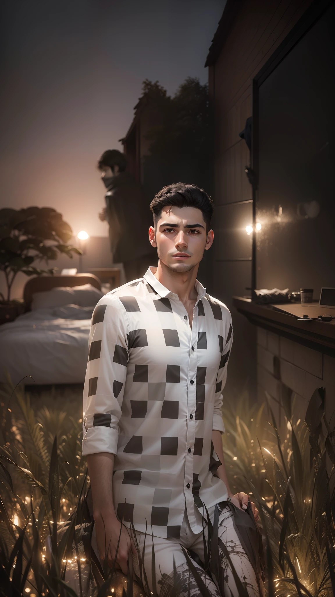 Ultra realistic image of a 25 year old man, short black hair, dressed in a plain white blouse, sitting on bed, talking on cell phone, scared expression, night