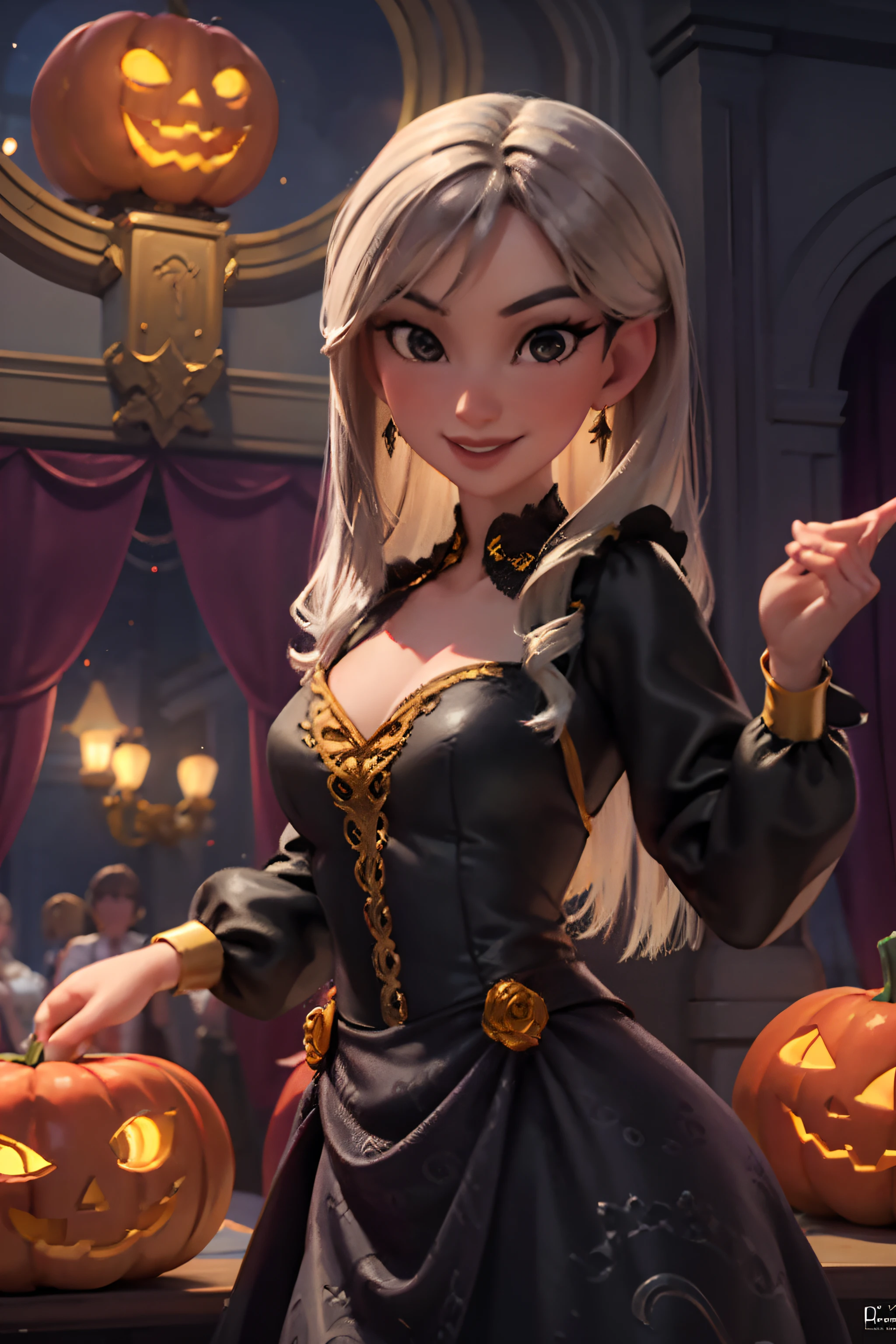 portrait, looking at viewer, smile, parted lips,
1girl, solo, floral pattern dress , velvet gown, medium breasts, jewelry,
outdoors, courtyard, 
volumetric lighting, masterpiece, best quality,White style of a Disney Pixar cartoon, lavender wavy hair, grey eyes, black silk dress dancing infront of a historic haunted mansion , digital illustration, high resolution, pumpkins , halloween pumkins,white ghosts flying around , ominous vibes,smoke, prism and glitter, full moon,magical