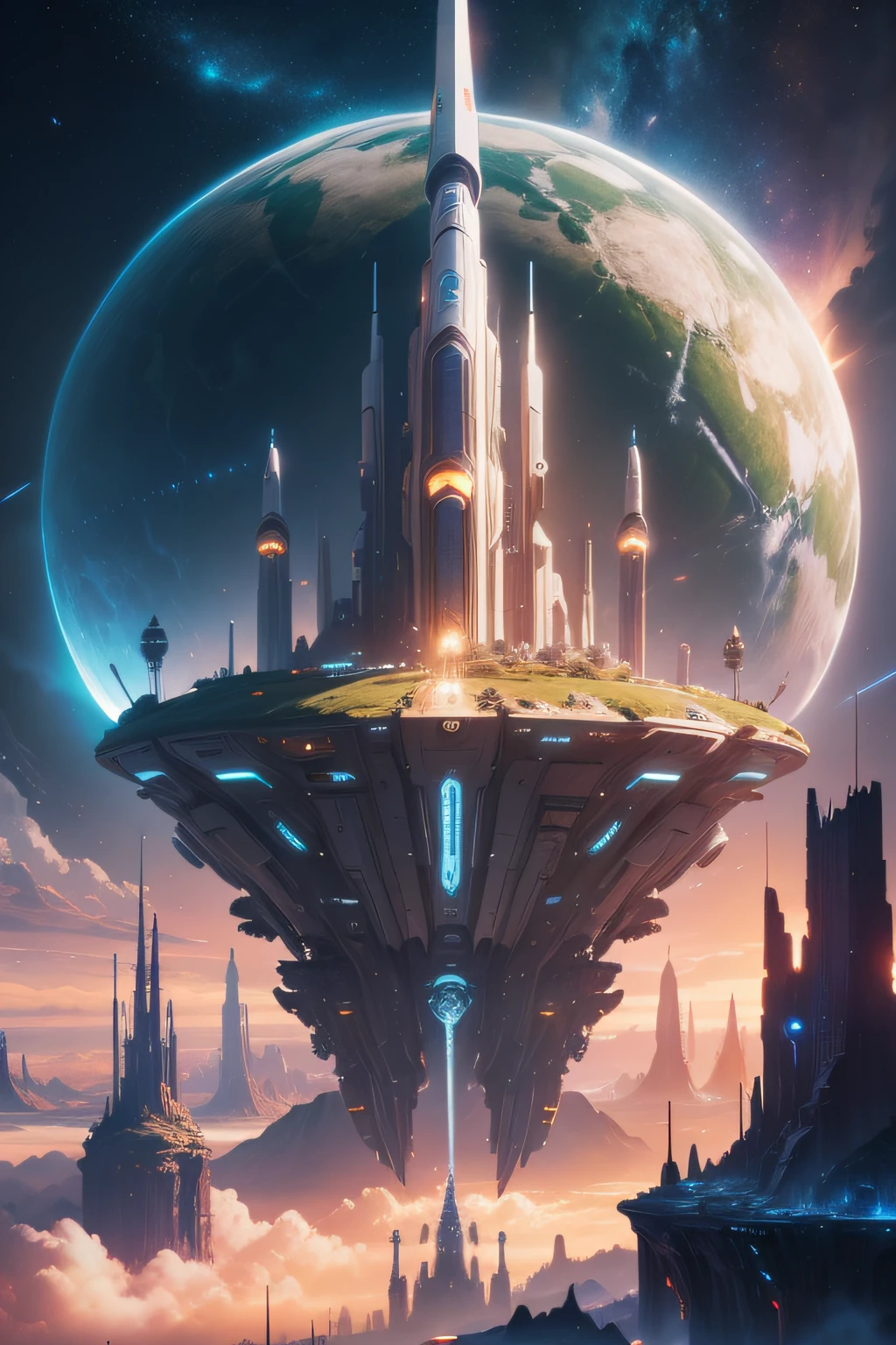 A spaceship over an Earth city, Highly detailed 4K digital art, Very detailed 4K HD wallpaper, impressive fantasy landscape, Sci-fi fantasy desktop wallpaper, Unreal Engine 4K desktop wallpaper, Detailed 4K digital art, Sci-fi fantasy wallpaper, Fantastic epic fantasy landscape, Matte digital painting 4K HD, Stunning 8K artwork