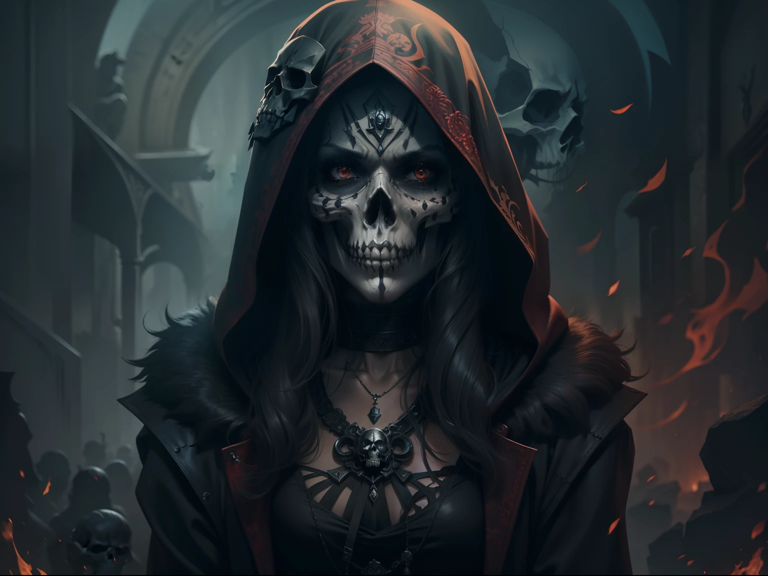 Una mujer con cara de calavera y capucha en la oscuridad, Arte digital oscuro, pero detallado, Anime Skull Portrait Woman, Diosa de la muerte, Hermoso dios masculino de la muerte, dark fantasy style art, dark fantasy horror art, Arte oscuro altamente detallado, hooded skull, Arte detallado espeluznante en color, in the style of dark fantasy art, Estilo de arte siniestro y oscuro