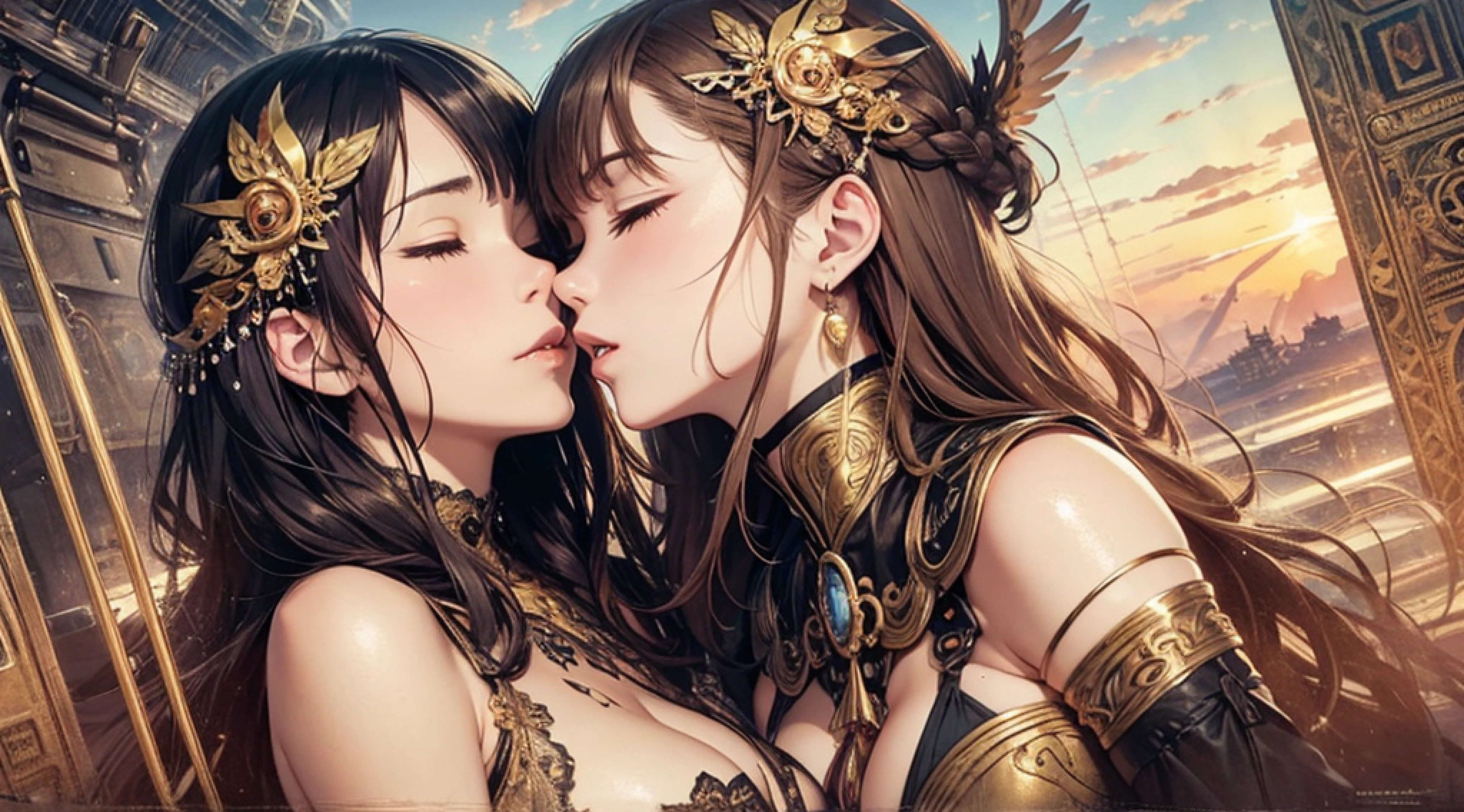 two mature women kissing, embracing, eyes closed, on old airplane, sunny, range murata, last exile, steampunk, clockpunk, decorative head decorations, extremely long flowing hair, braids, hair decorations, golden halo, art nouveau, revealing panties, beautiful sky, exposed chests, large breasts