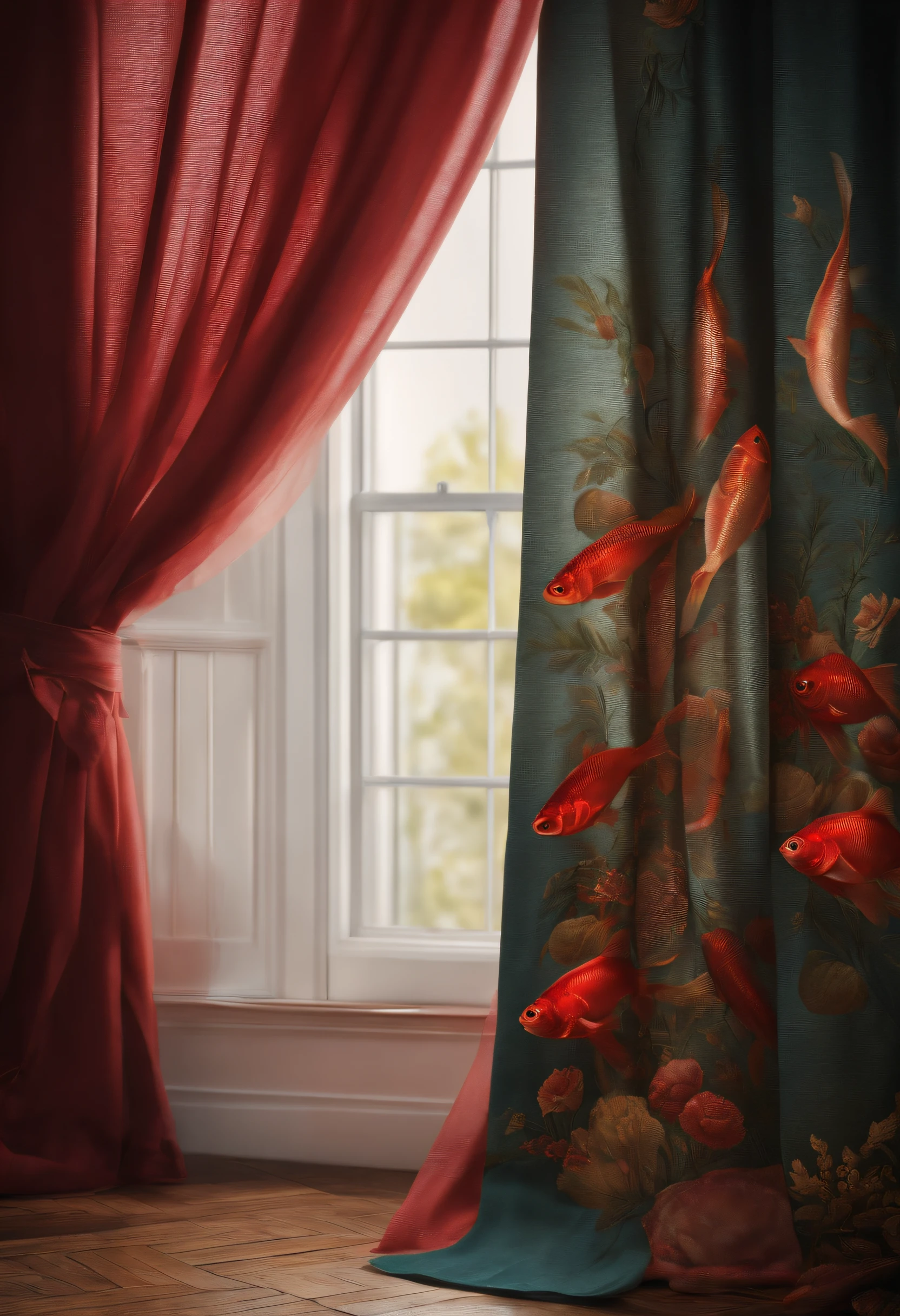 Scenario of a pair of curtains fixed by a modern rod. Les rideaux sont rouge avec des poissons dessus.