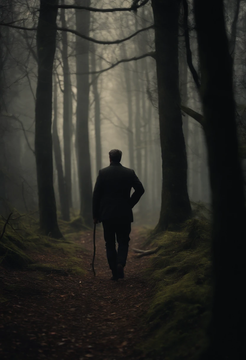 realistic 8k image of a man walking in a sinister forest with crooked branches, dark setting