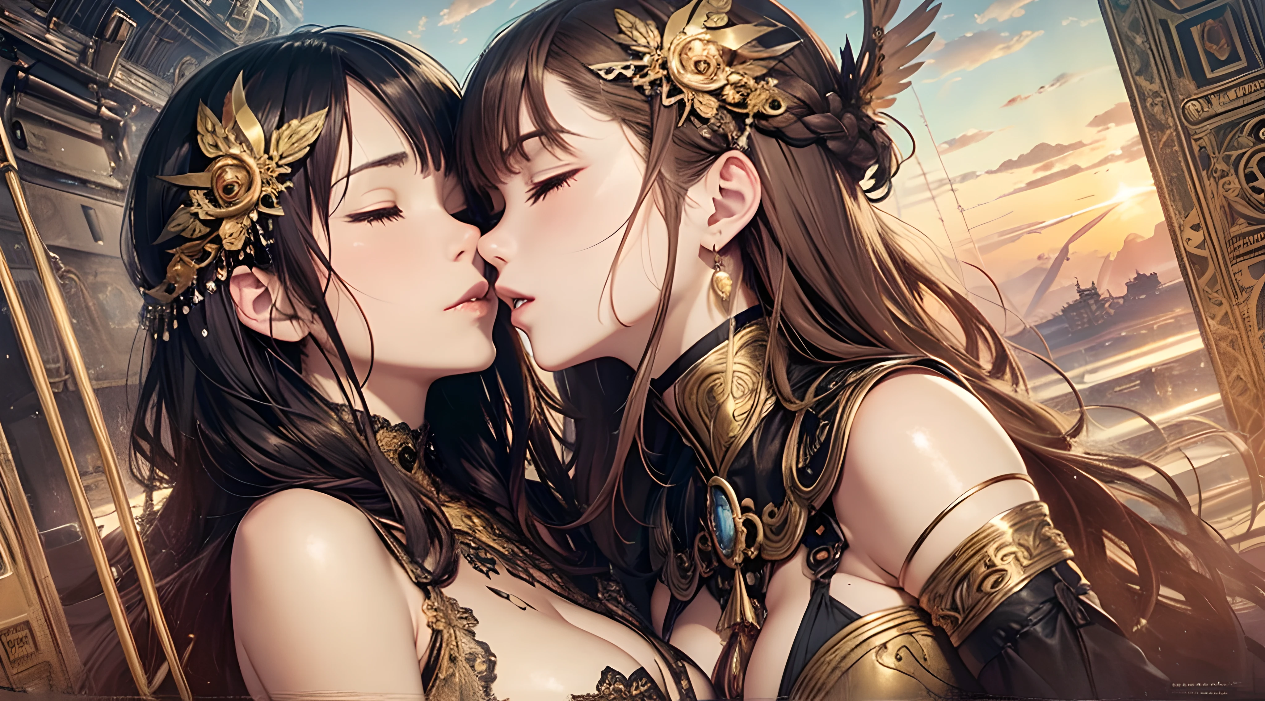 two mature women kissing, embracing, eyes closed, on old airplane, sunny, range murata, last exile, steampunk, clockpunk, decorative head decorations, extremely long flowing hair, braids, hair decorations, golden halo, art nouveau, revealing panties, beautiful sky, exposed chests, large breasts