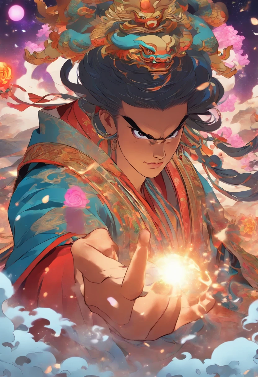 (((Chinese Man))) best quality, ultra-high resolution, 4K detailed CG, master piece, PANGU,Black hair,((Hands up)),universe,Chinese mythology, Chinese painting style, Shui Mo Hua, Thangka style, aesthetics, Beautiful image, depth of field, centered on the screen
