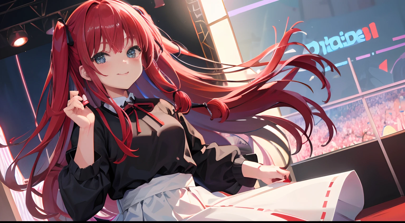 kawaii、1girl in、hiquality、((masterpiece))、Tet、KasaneTeto、Twindrill hair、Smile in public、at stage、red hairs、neat gray neat clothes