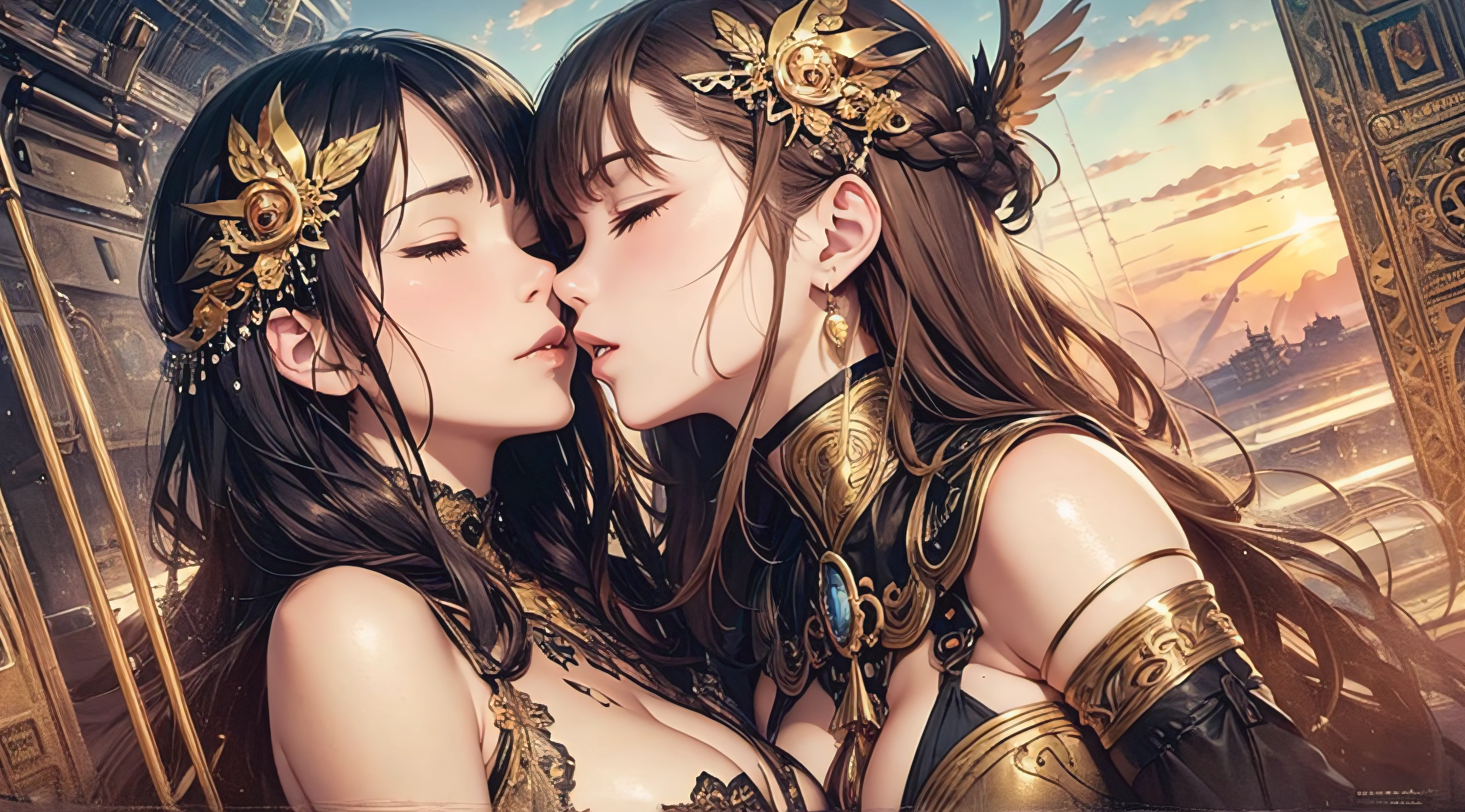 two mature women kissing, embracing, eyes closed, on old airplane, sunny, range murata, last exile, steampunk, clockpunk, decorative head decorations, extremely long flowing hair, braids, hair decorations, golden halo, art nouveau, revealing panties, beautiful sky, exposed chests, large breasts