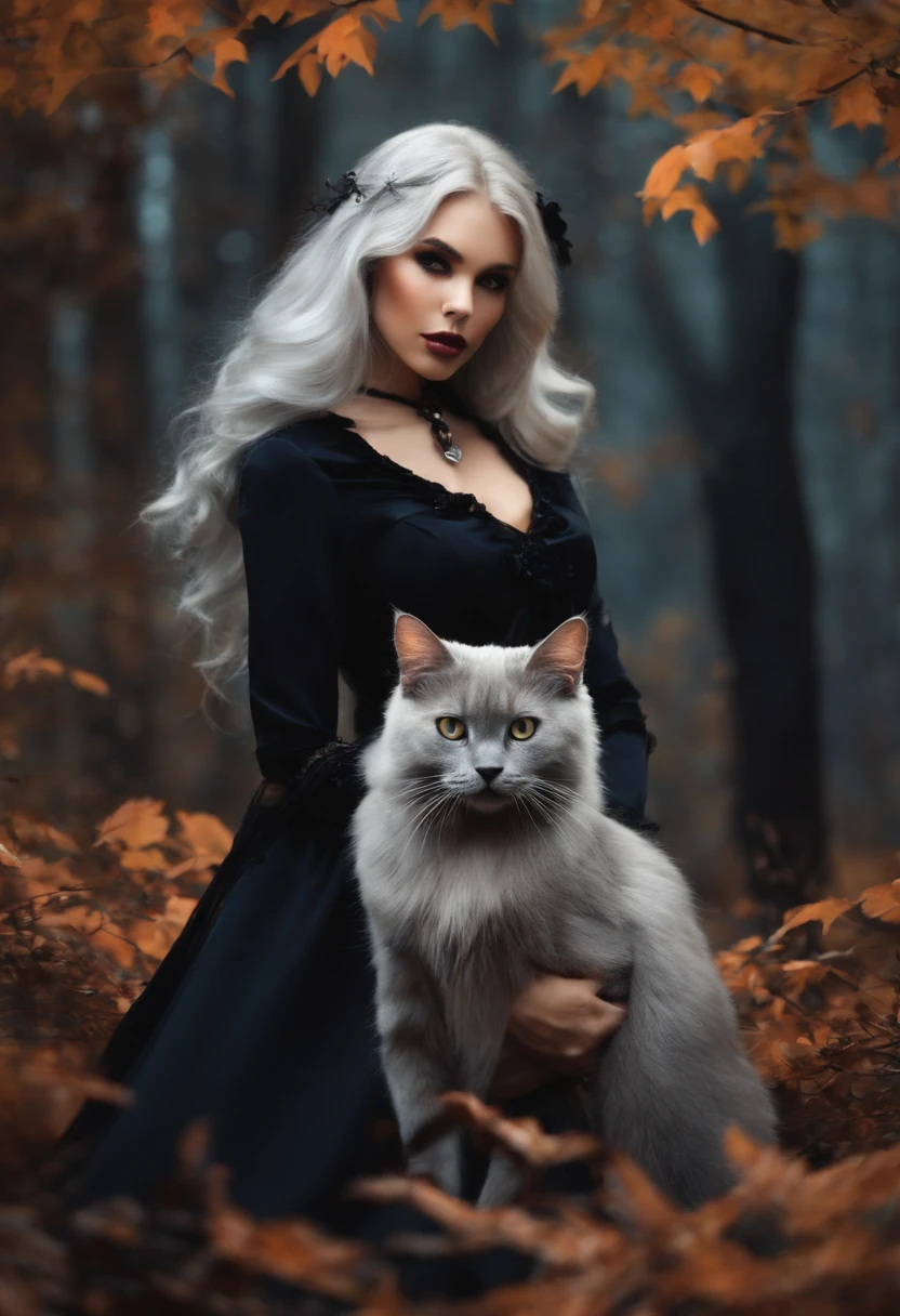 Silver Blonde Witch、Halloween、Holding a black cat、in woods、animesque