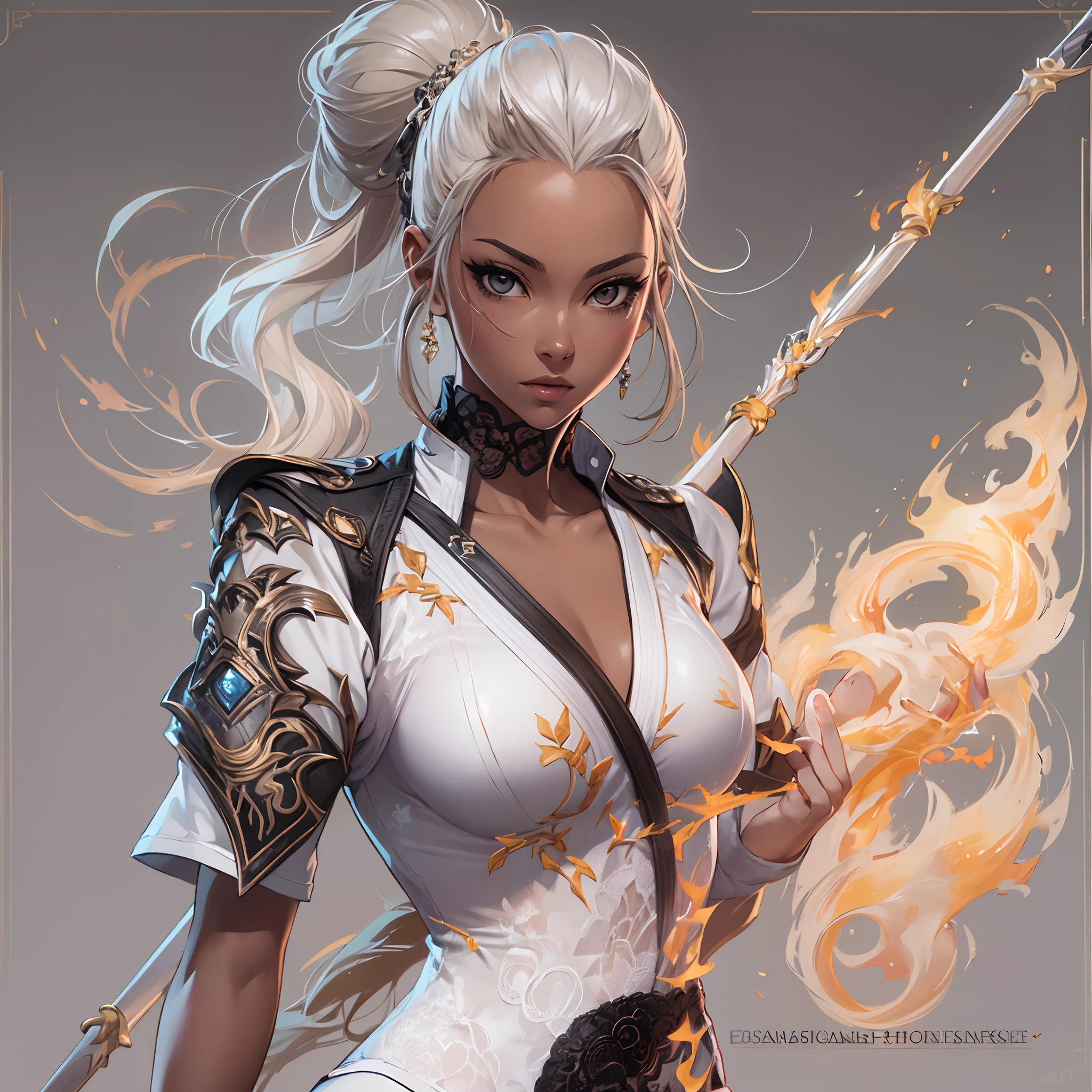 ((Masterpiece, Highest quality)), Detailed face, CharacterDesignSheet, full bodyesbian, Full of details, Multiple poses and expressions, Highly detailed, Depth, Many parts,Martial arts girl,white and black,holds a spear,double-ponytail,estilo fantasia,Surrounded by flames,Extremely beautiful,High Balance, Natural light, Lace,lacepantyhose