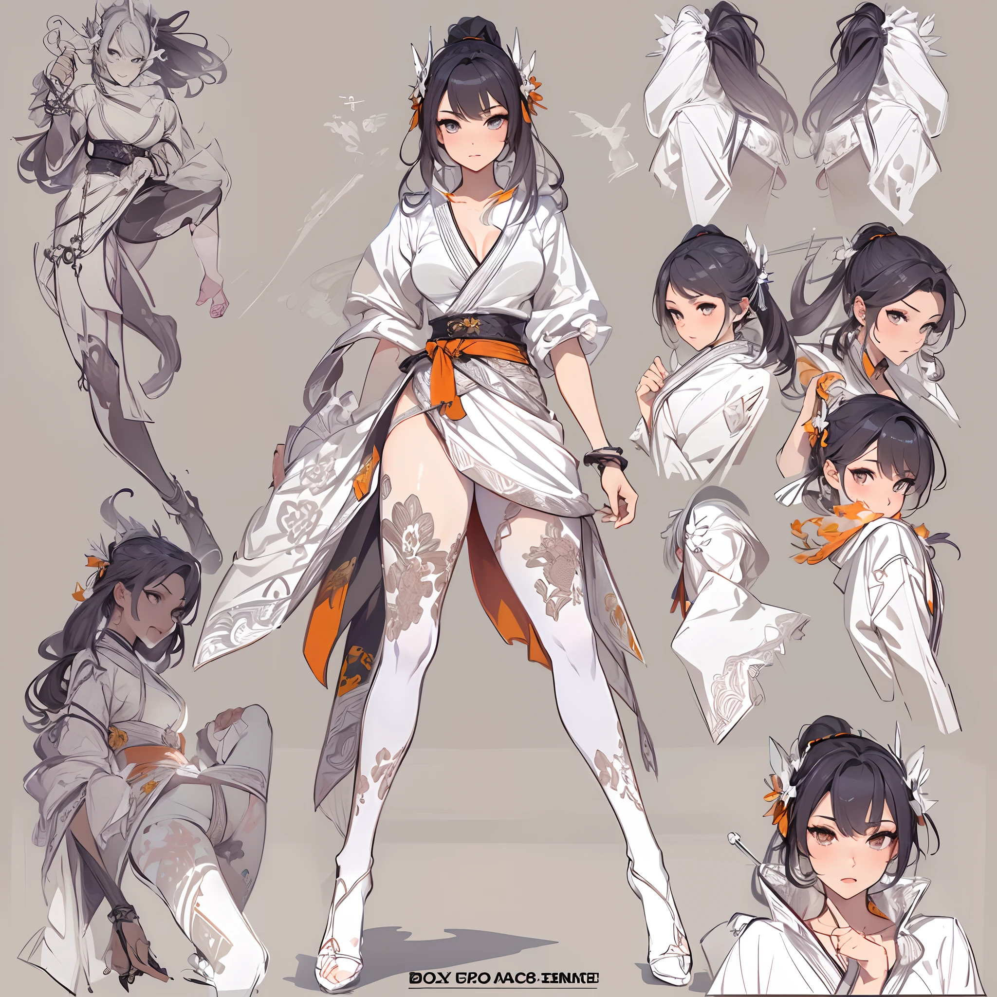 ((Masterpiece, Highest quality)), Detailed face, CharacterDesignSheet,full bodyesbian, perfectly proportions,Full of details, Multiple poses and expressions, Highly detailed, Martial arts girl,Seductive,Gradient hair color,Detailed eyes, ssee-through,black in color,lacepantyhose,Clouds,High Balance, Overhead halo,Natural light,Star decoration