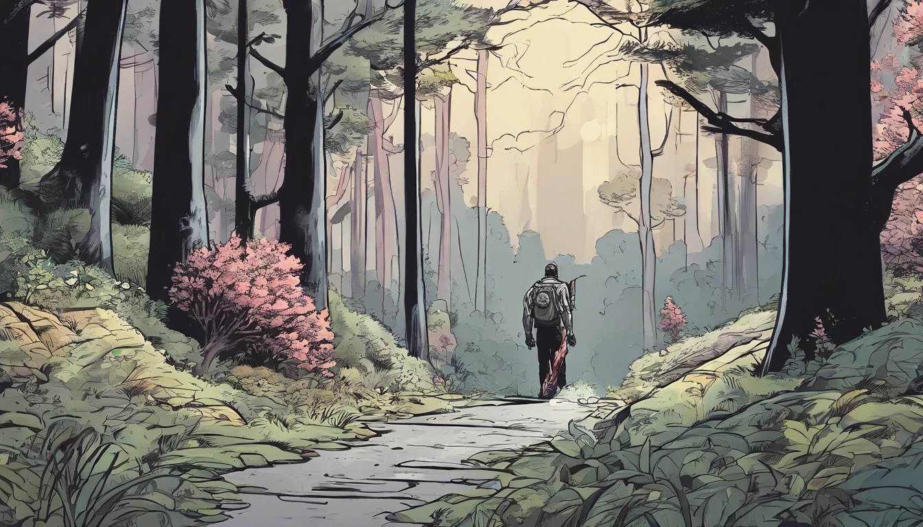 Imagem realista de 8K de um homem caminhando em uma floresta sinistra com galhos tortos, Dark setting