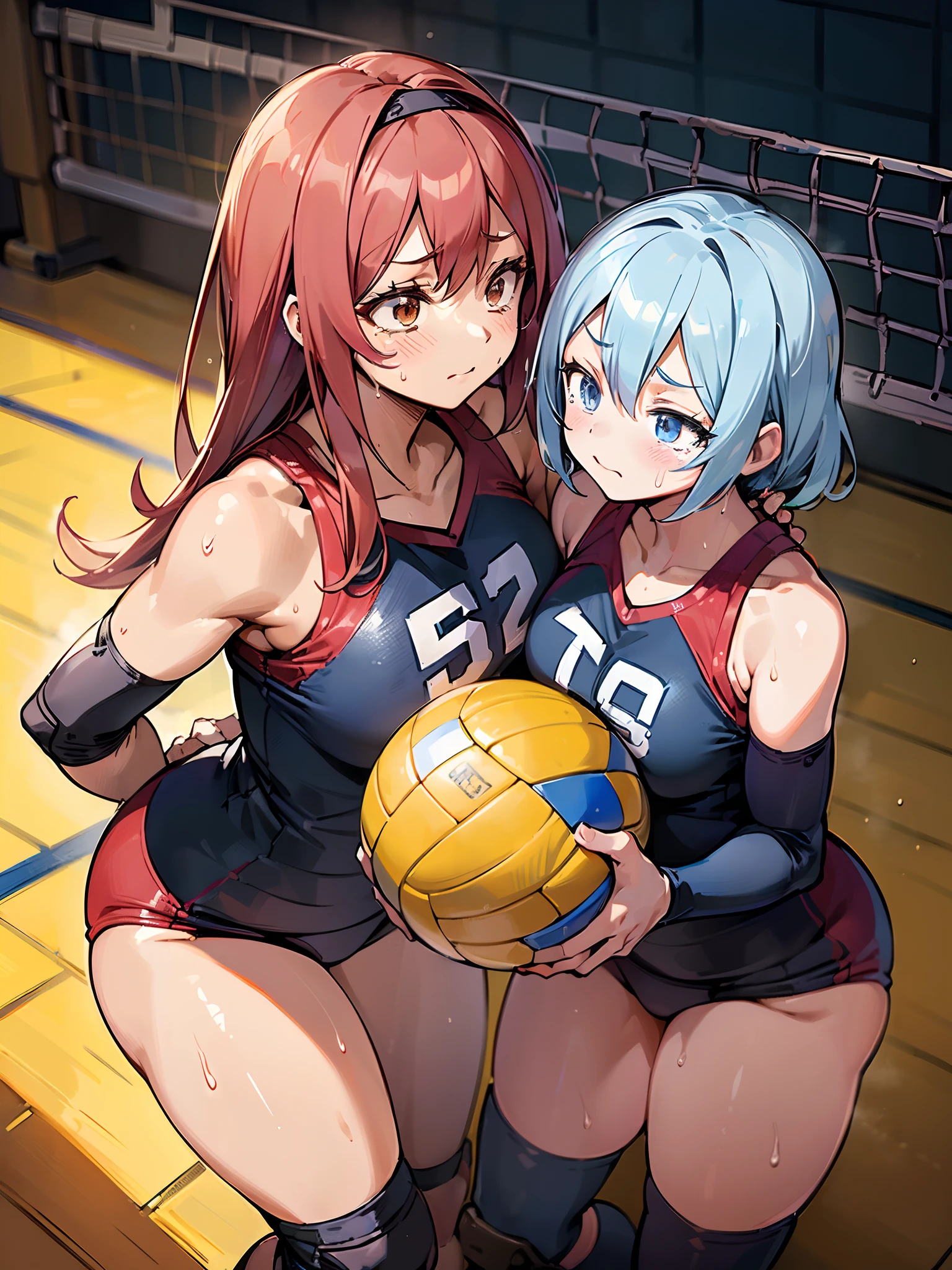 (((masutepiece))), (((Best Quality))), (((ultra-detailliert))), (((hight resolution))), ((superfine illustration)), ((Ultimate cutie)), Detailed beautiful face, Shiny hair, (gals), ((Plump)), (((2girls))), (((2 Female volleyball players))), ((Yuri)), ((sad)), Tears, ((blush)), BREAK, (((Holds dirty spherical 6-inch volleyballs))), BREAK, (((Buruma))), (Volleyball uniform), Sleeveless Volleyball Uniforms, (((Buruma))), (Kneepads), (elbow pad), (Bare hands), ((Sweat)), ((Covered in sweat)), (breathless), on valleyball court, in gymnasium, Lighting, From  above, Look at viewers