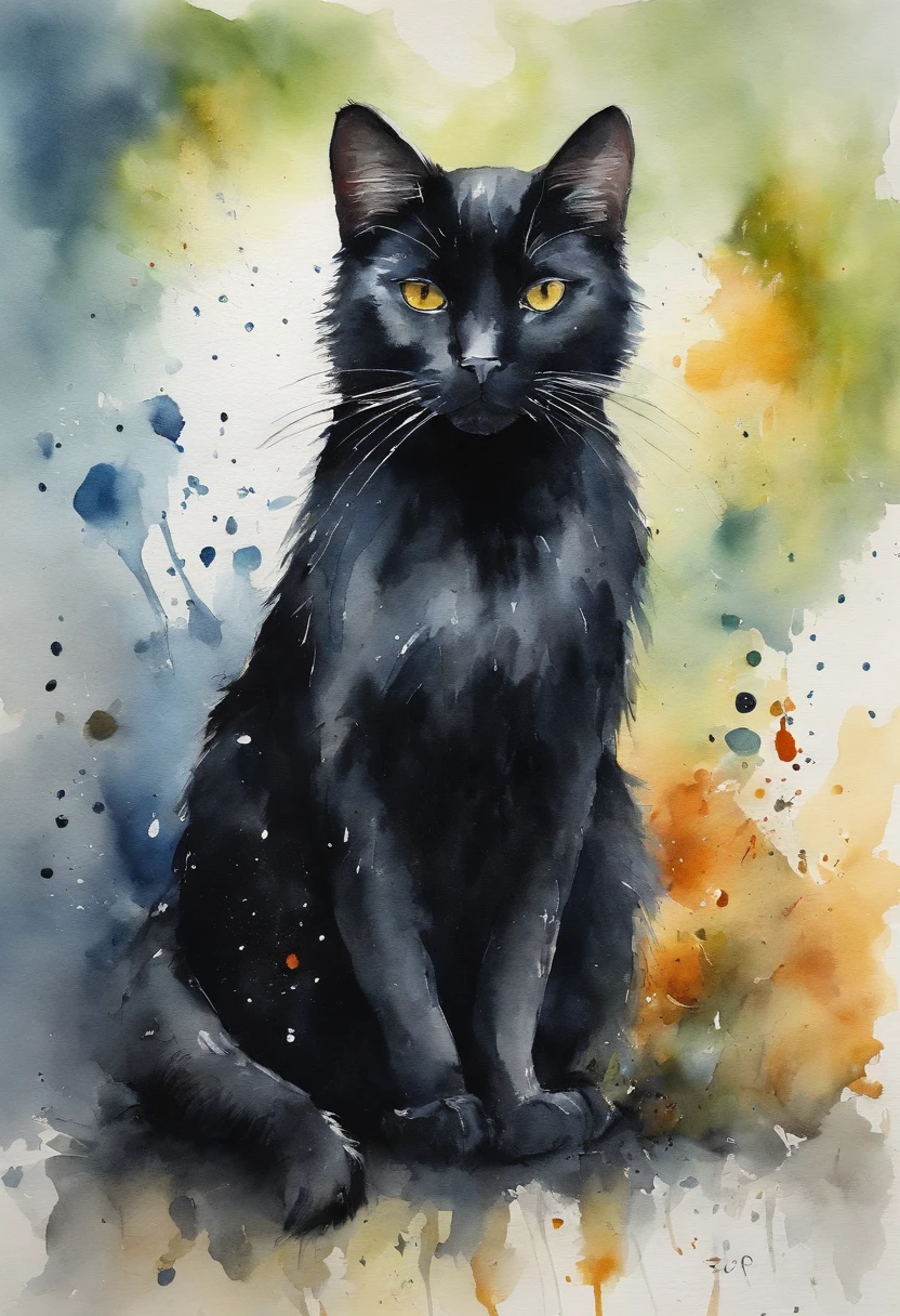 Painting of a black cat sitting on a colorful background - SeaArt AI