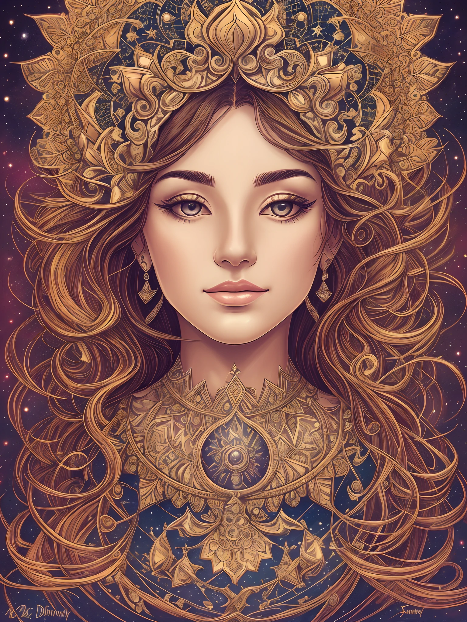 Explore the realm of symmetry (1.1) as you depict a woman transformed into a captivating goddess, inspired by the sophistication of Assassins Creed style (0.8). Utilize a luxurious color palette featuring shades of pink, gold, and opal, harmonizing into a breathtaking visual experience. Accentuate her divine presence with intricate face paint resembling an elegant filegrid pattern, ensuring a highly detailed and digital painting (8k resolution). This masterpiece, resonating with the artistic essence of Greg Rutkowski and Alphonse Mucha, destined for ArtStation, inviting viewers into a realm of enchantment and beauty (1.05). --auto --s2