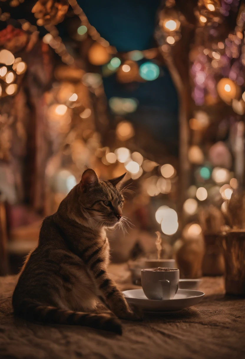 A prehistoric cat stuck in a psychedelic quantum realm, next to a realistic artist drinking a frappe --auto