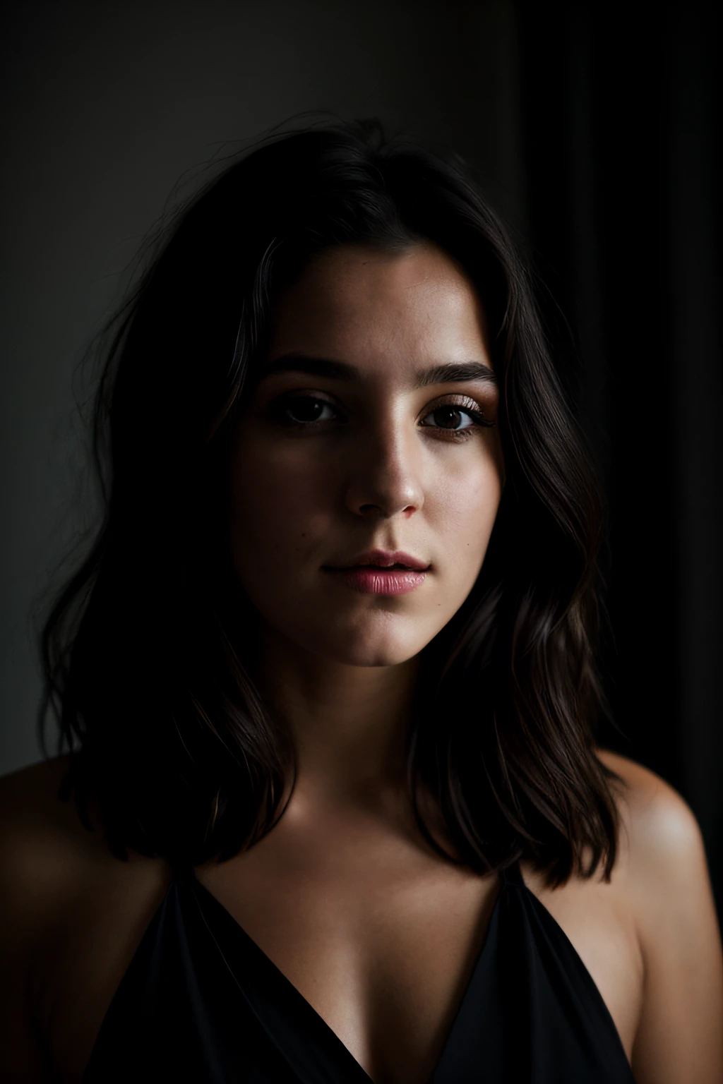 Photo brute, Portrait de visage photo de belle 26 ans.o femme, visage mignon, Porter une robe noire, Visage heureux, ombres dures, cinematic shot, dramatic lighting