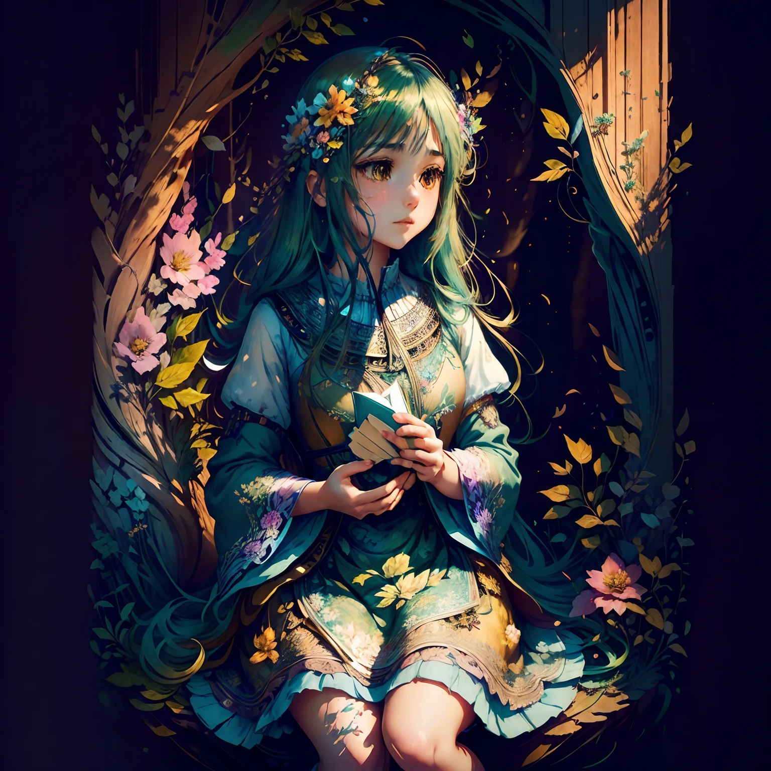 a girl sitting in a peaceful garden, beautiful detailed eyes, long eyelashes, serene expression, wearing comfortable clothes, surrounded by colorful flowers and lush green trees. She is holding a book in her hands and engrossed in reading, feeling calm and content. The sunlight gently filters through the leaves, casting a warm golden glow on her face. The atmosphere is tranquil and soothing, with birds chirping softly in the background. The artwork is created using a combination of digital illustration and mixed media, giving it a unique and artistic texture. The colors are vibrant and evocative, conveying a sense of serenity and tranquility. The overall image quality is of the best quality, with ultra-detailed and realistic details. The lighting is soft and natural, highlighting the girl's features and creating a peaceful ambiance.