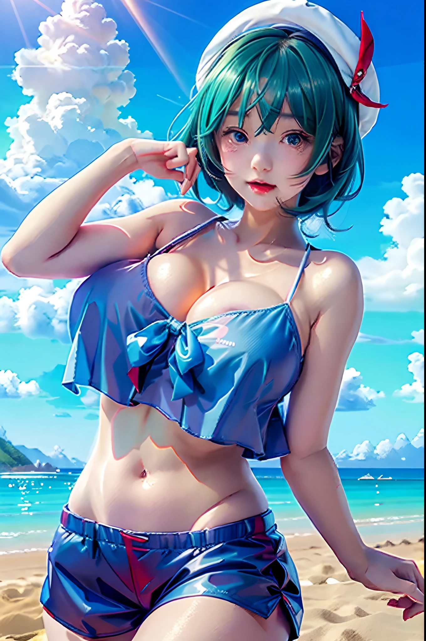 Anime girl in bikini and sailor hat on beach, on  the  beach, Also, in beach, seductive anime girls, Guviz, trending on artstation pixiv, in the beach, Best Rated on pixiv, Have by the sea, Marin Kitagawa fanart, clean and meticulous anime art, Smooth anime CG art, Guweiz in Pixiv ArtStation