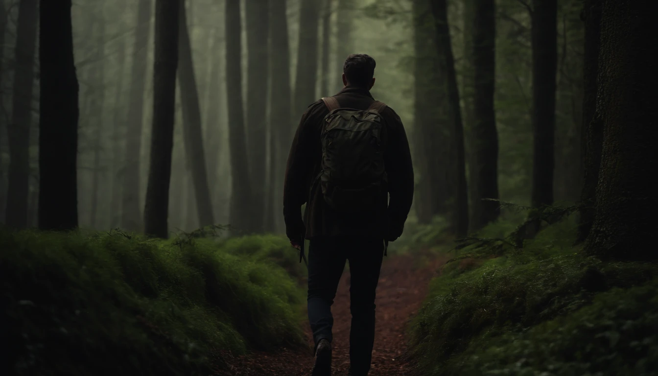 Imagem realista de 8K de um homem caminhando em uma floresta sinistra com galhos tortos, Dark setting