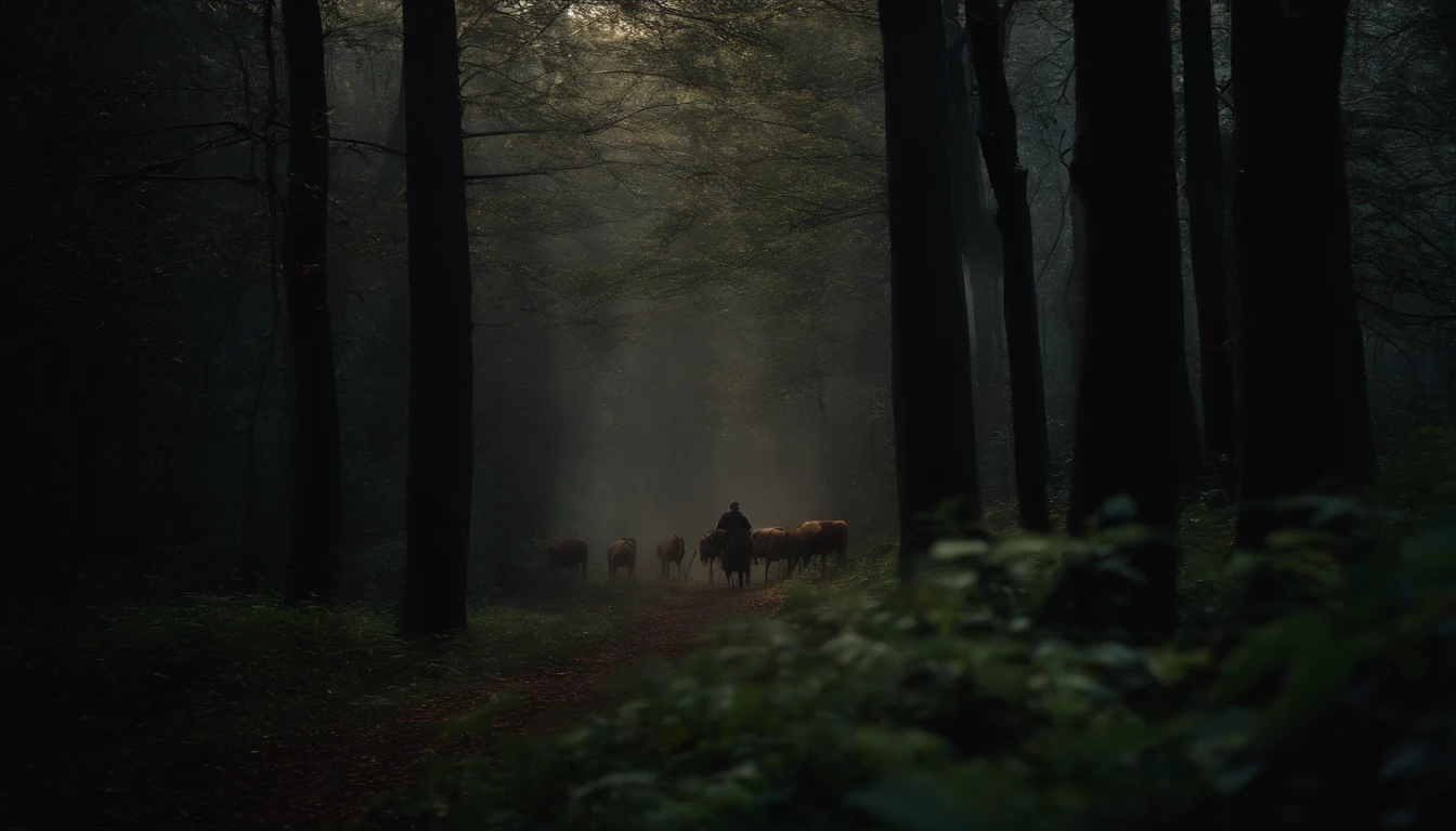 Imagem realista de 8K de um homem caminhando em uma floresta sinistra com galhos tortos, Dark setting