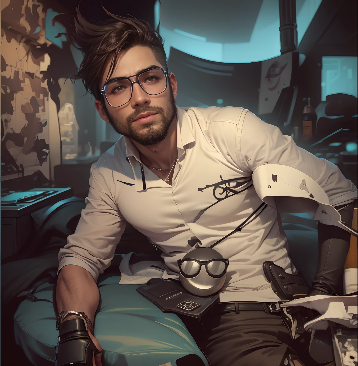 realistic detail full face of futuristic cyberpunk cyber man