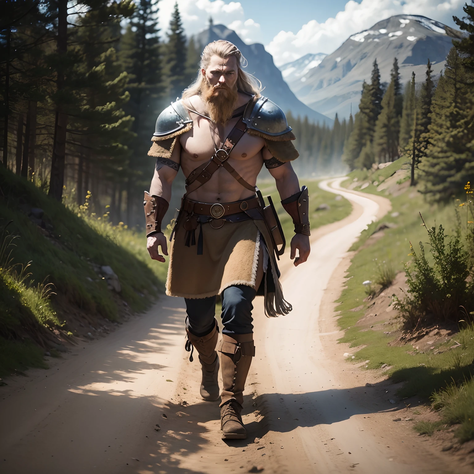 Viking, warrior, walking, dirt road, path