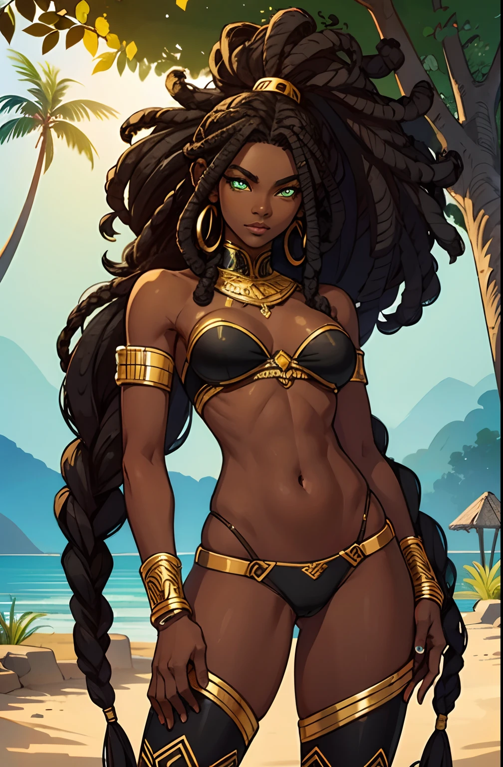 dark skin, ebony, deep ebony woman. African Hair. Dread Hair. Green Eyes. Tribal Fighting Clothed. Golden Datails