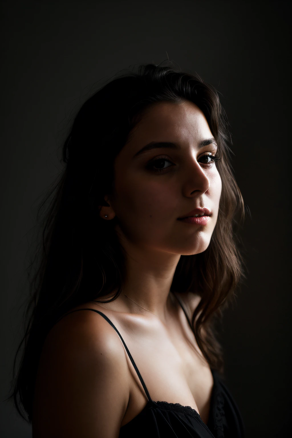 Photo brute, Portrait de visage photo de belle 26 ans.o femme, visage mignon, Porter une robe noire, Visage heureux, ombres dures, cinematic shot, dramatic lighting