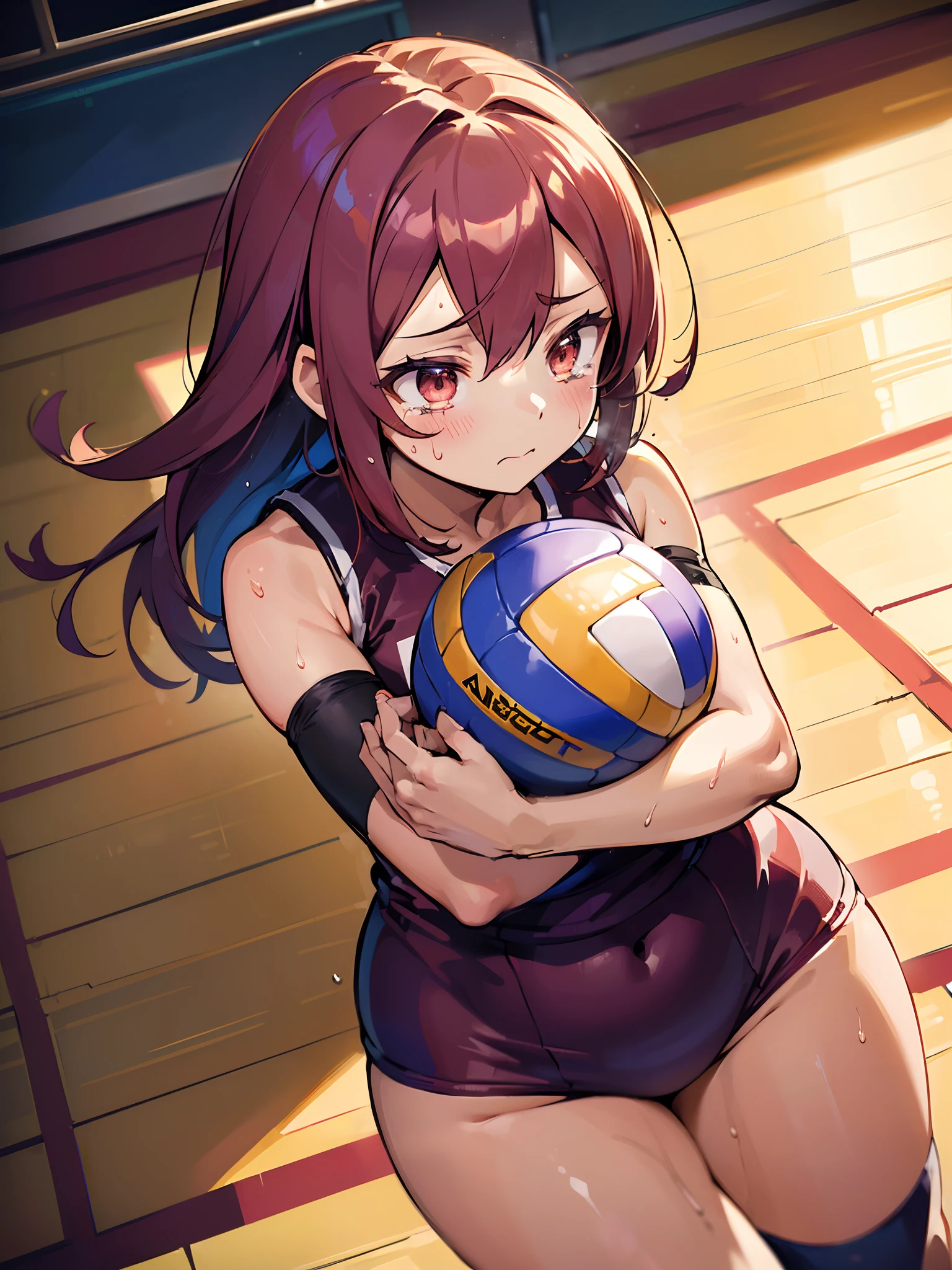 (((masutepiece))), (((Best Quality))), (((ultra-detailliert))), (((hight resolution))), ((superfine illustration)), ((Ultimate cutie)), Detailed beautiful face, Shiny hair, (gals), ((Plump)), (((2girls))), (((2 Female volleyball players))), ((Yuri)), ((sad)), Tears, ((blush)), BREAK, (((Holds dirty spherical 6-inch volleyballs))), BREAK, (((Buruma))), (Volleyball uniform), Sleeveless Volleyball Uniforms, (((Buruma))), (Kneepads), (elbow pad), (Bare hands), ((Sweat)), ((Covered in sweat)), (breathless), on valleyball court, in gymnasium, Lighting, From above, Look at viewers