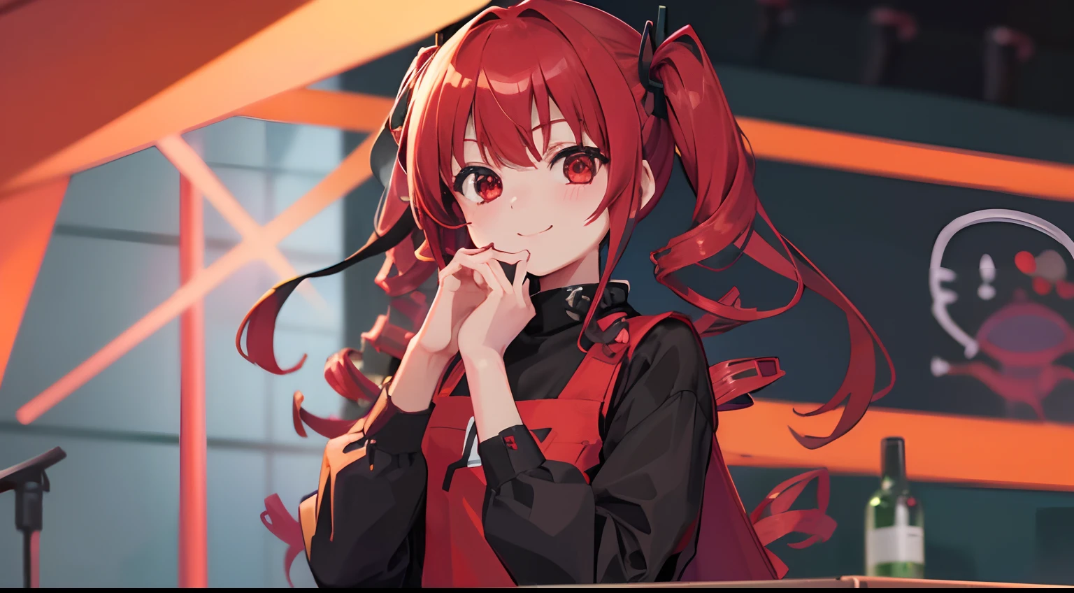 kawaii、1girl in、hiquality、((​masterpiece))、Tet、KasaneTeto、Twindrill hair、Smile in public、at stage、red hairs、neat gray neat clothes、Red curly hair like a drill、red eyes