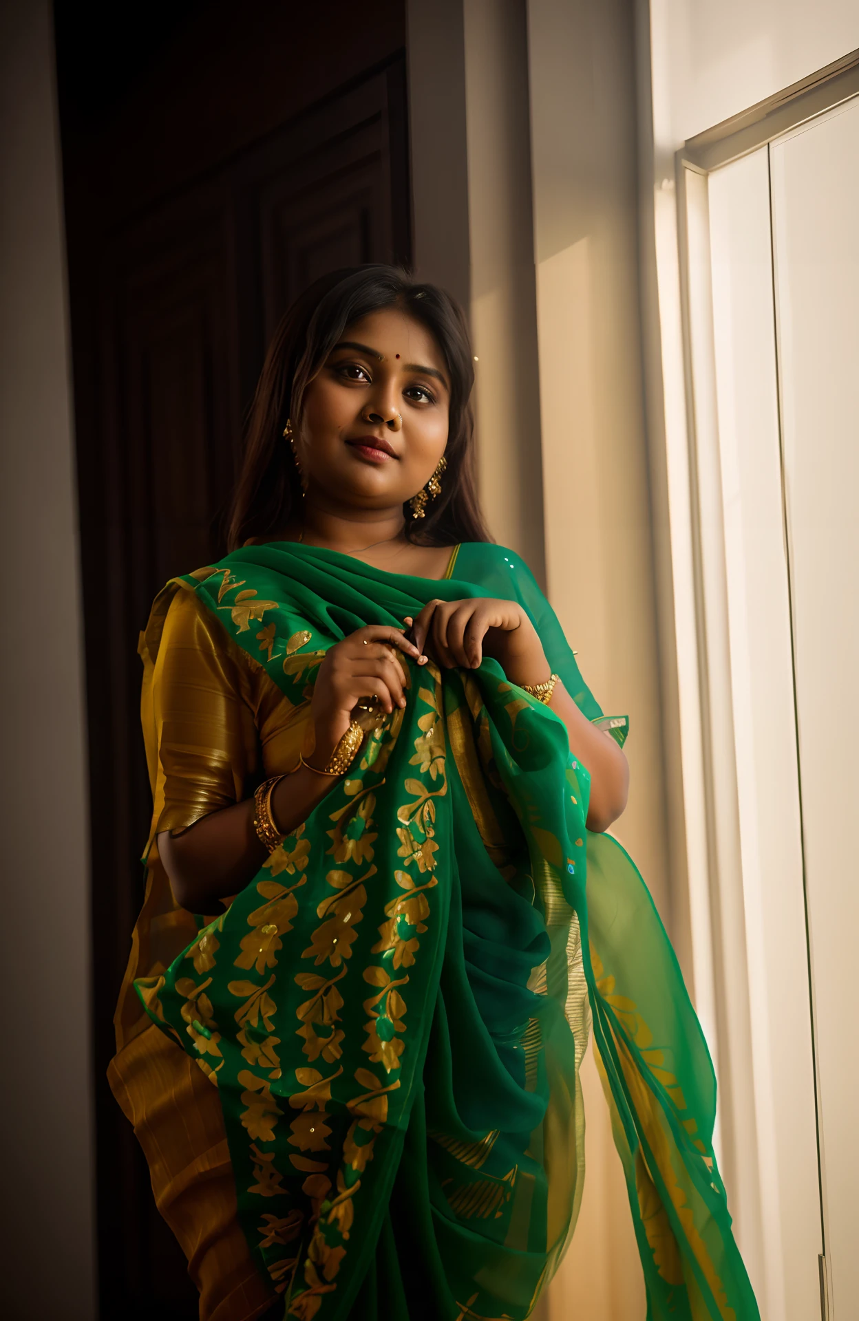Chubby Bangladeshi girl with sari realistic, symple dimple, 8k masterpiece ultra HDR