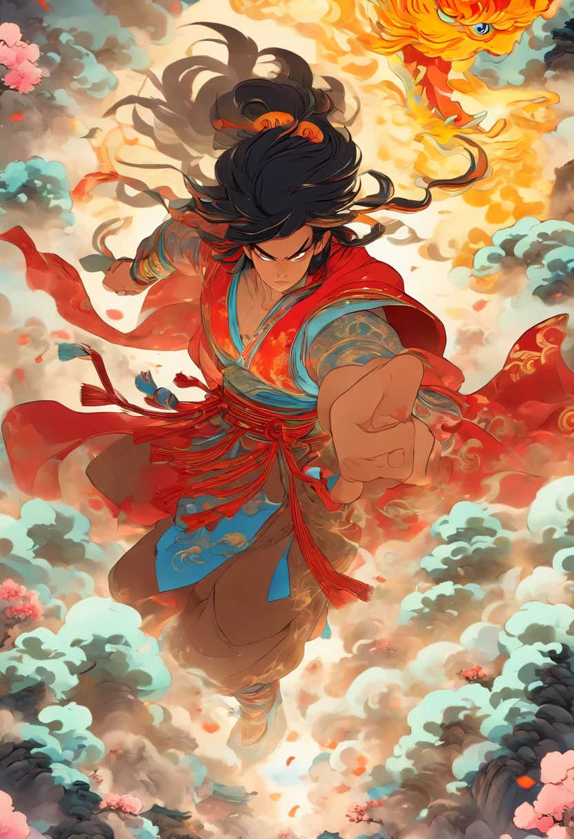 (((Chinese Man))) best quality, ultra-high resolution, 4K detailed CG, master piece,Giant Man,Black hair,((Separating heaven from earth)),Chinese mythology, Chinese painting style, Shui Mo Hua , Thangka style, aesthetics, Beautiful image, depth of field, centered on the screen