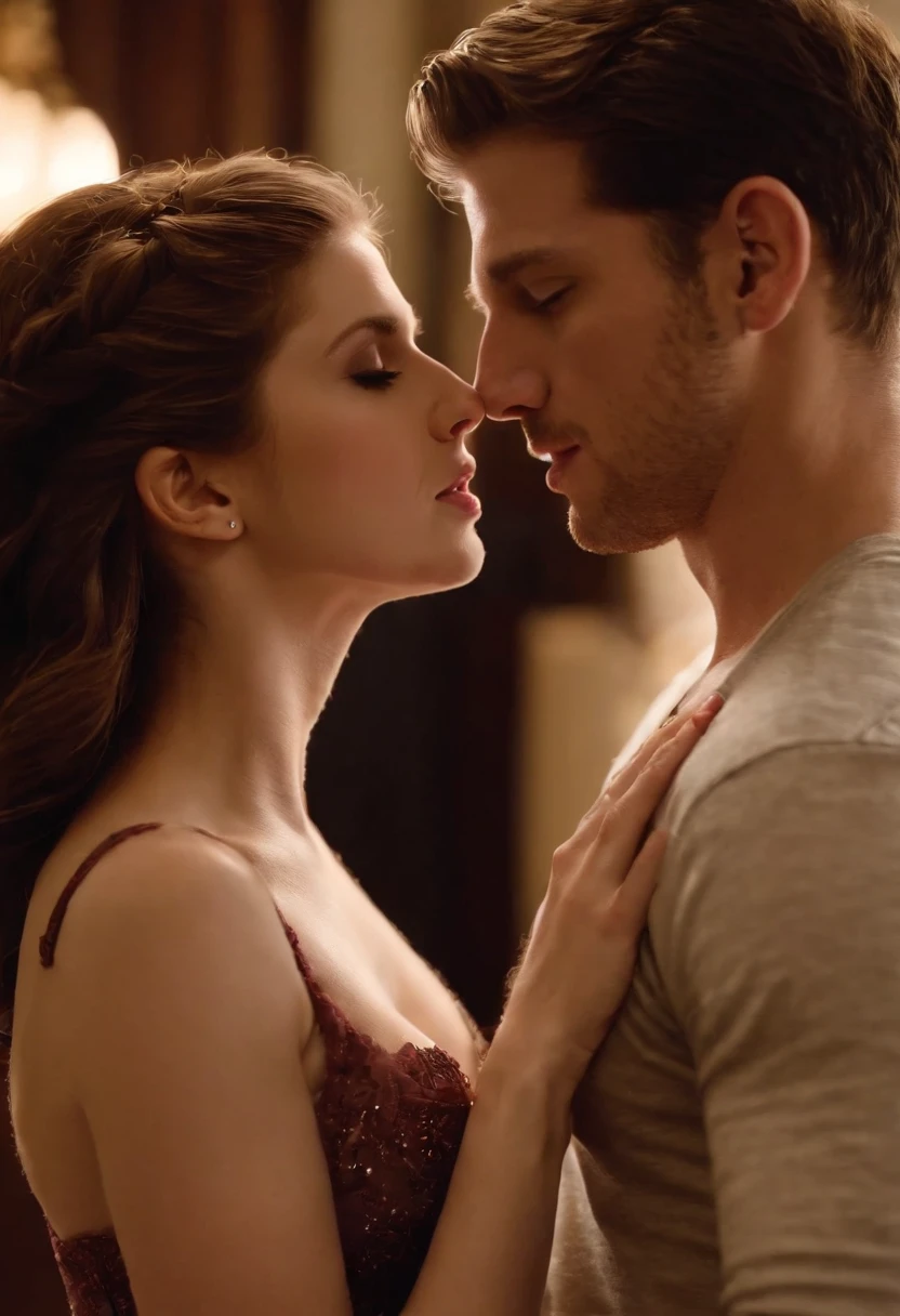 Actress Anna Kendrick and Male Version of actress Brittany Snow are kissing. Anna grabs Male Brittany doesn't wear clothes.