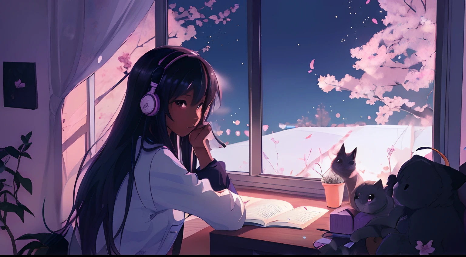 (best-quality:0.8), (best-quality:0.8), perfect anime illustration, Masterpiece, best quality, high-res, extremely detailed, 1 girl, (dark brown skin tone:1.2), black eyes, in the art style of Makoto Shinkai, wearing headphones, in her pastel bedroom, sitting and writing at a desk under a lamp, open window, cat by the window, Cherry Blossom trees outside the window. Full moon shining bright. anime girl sitting at a desk with a cat and a stuffed animal, anime style 4 k, nightcore, anime art wallpaper 4k, anime art wallpaper 4 k, 4k anime wallpaper, anime girl desktop background, anime wallpaper 4k, anime wallpaper 4 k, anime vibes, anime art wallpaper 8 k, lofi artstyle, anime background, lofi girl