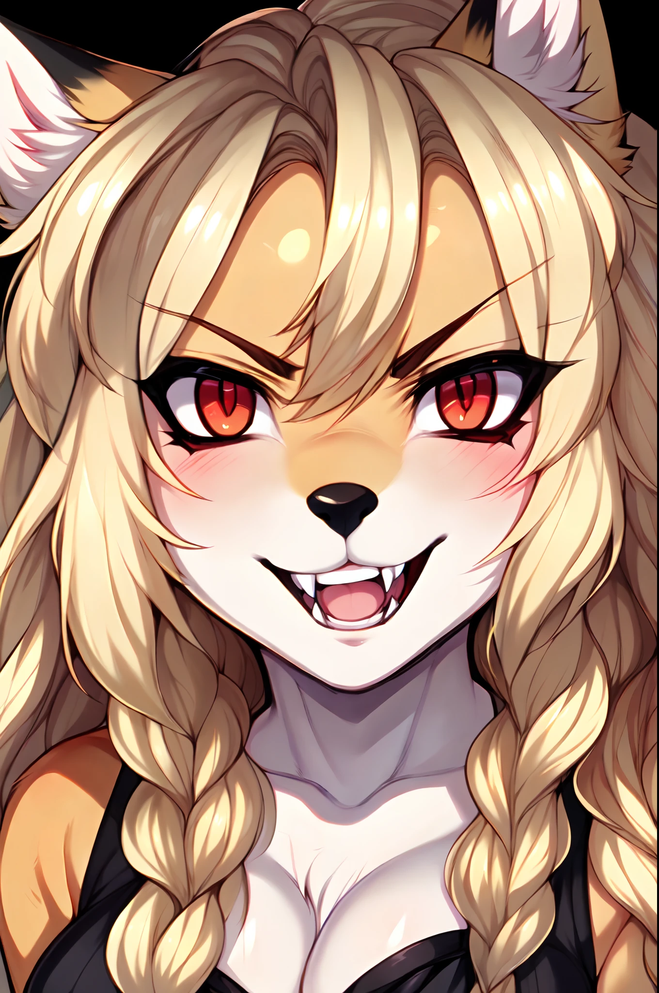 Kimiko, solo:1.3, red eyes, by tokifuji, cute blonde anthro fox girl, long wavy hair, cleavage, grinning, furrowed eyebrows, large vampire fangs:1.2, licking lips, close up, portrait, high resolution, best quality, sharp picture,