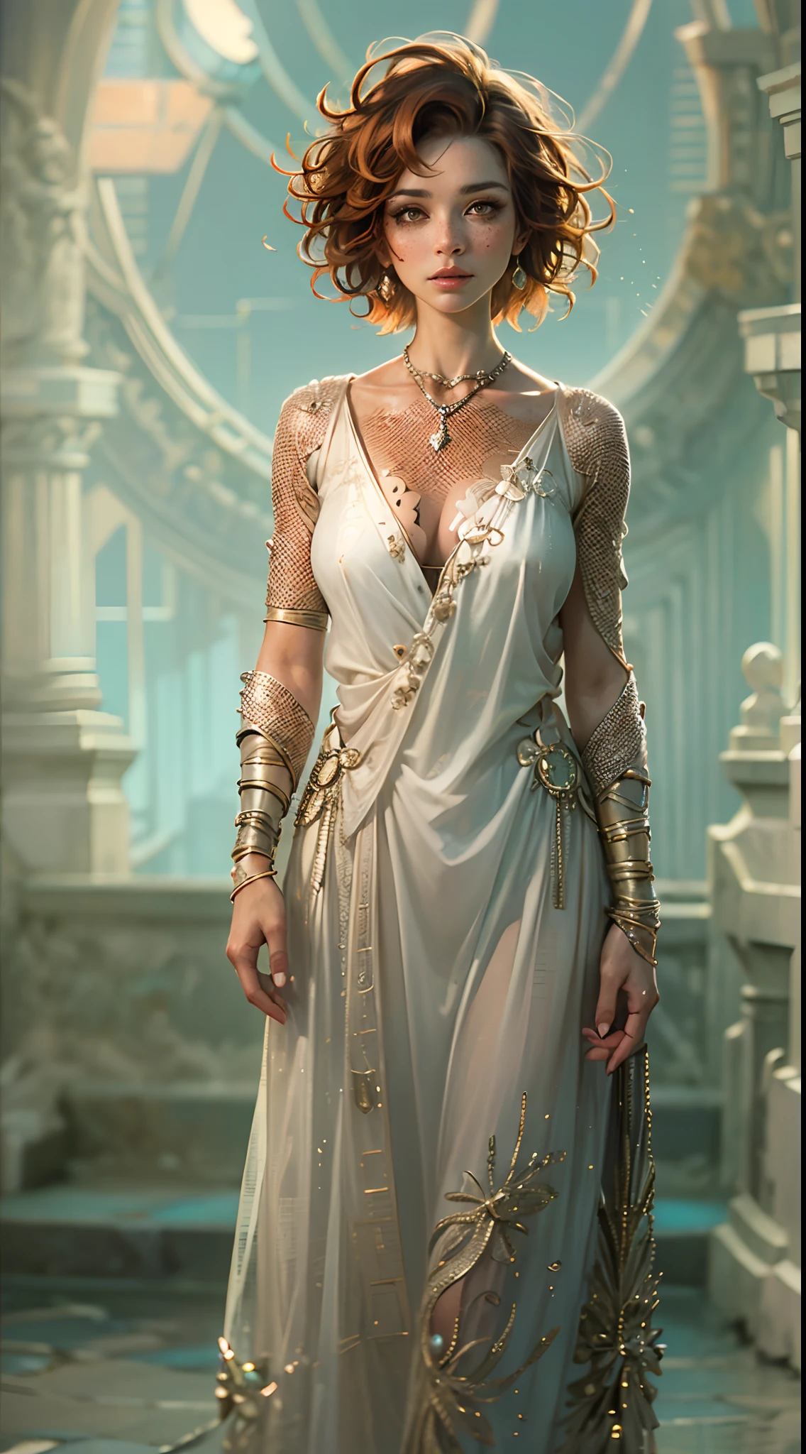 Detailed face features:1.3), (((mature woman))), standing wearing a flowing long dress, (face close-up photo, 16k, masterpiece, best quality: 1.2), (high detailed skin), (red short curly hair), ((brown eyes, freckles, detailed lips)), slim, automatic white balance, (ultra realism, hyper detailed and intricate realism: 1.3), (wide depth of field, radiant mapping: 1.2), High dynamic range, vivid, rich details, clear shadows and highlights, realistic, intense, enhanced contrast, Focus on the character, chaotic epic background, blur background,